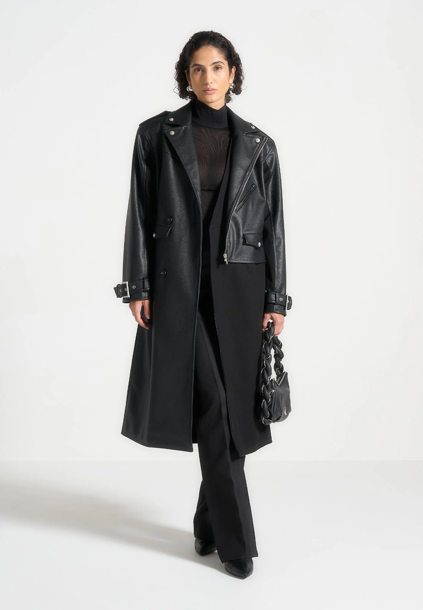 Ayleen - Leather Biker Trench Coat - Black - Image 3