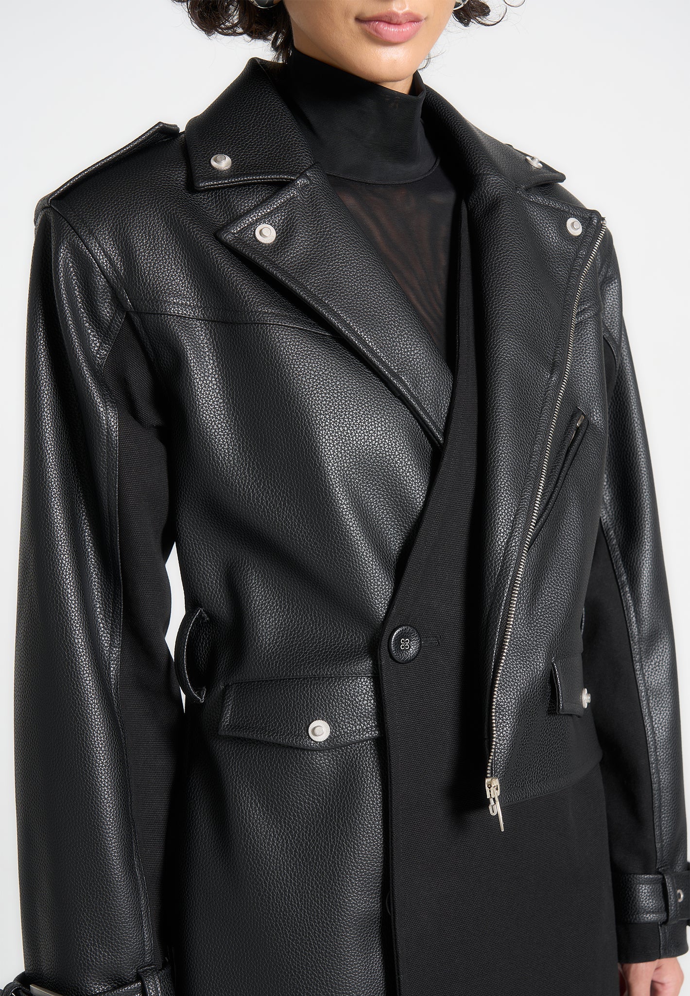 Ayleen - Leather Biker Trench Coat - Black - Image 5