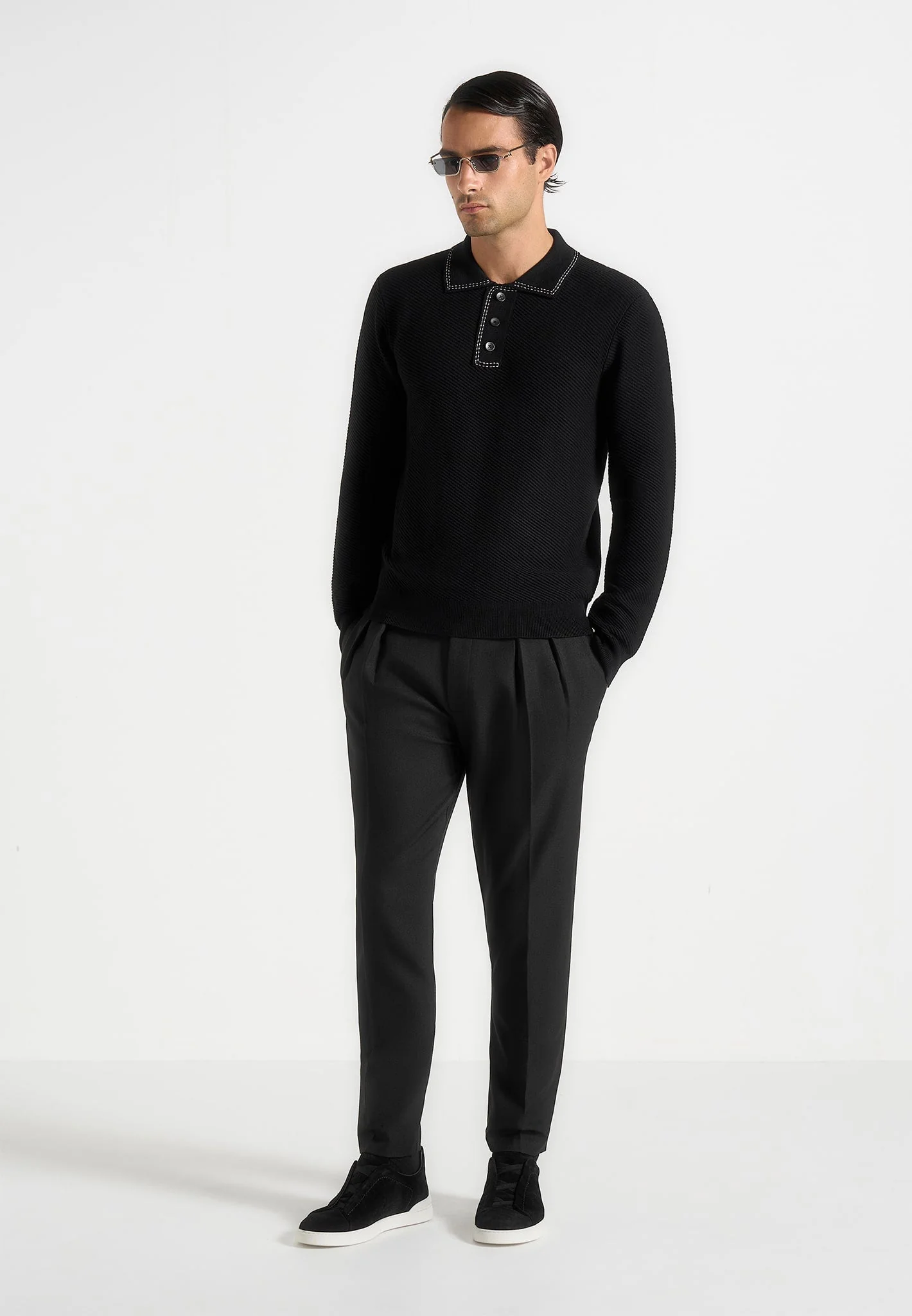 Aymeric - Whipstitch Detail Long Sleeve Knit Polo Shirt - Black - Image 3