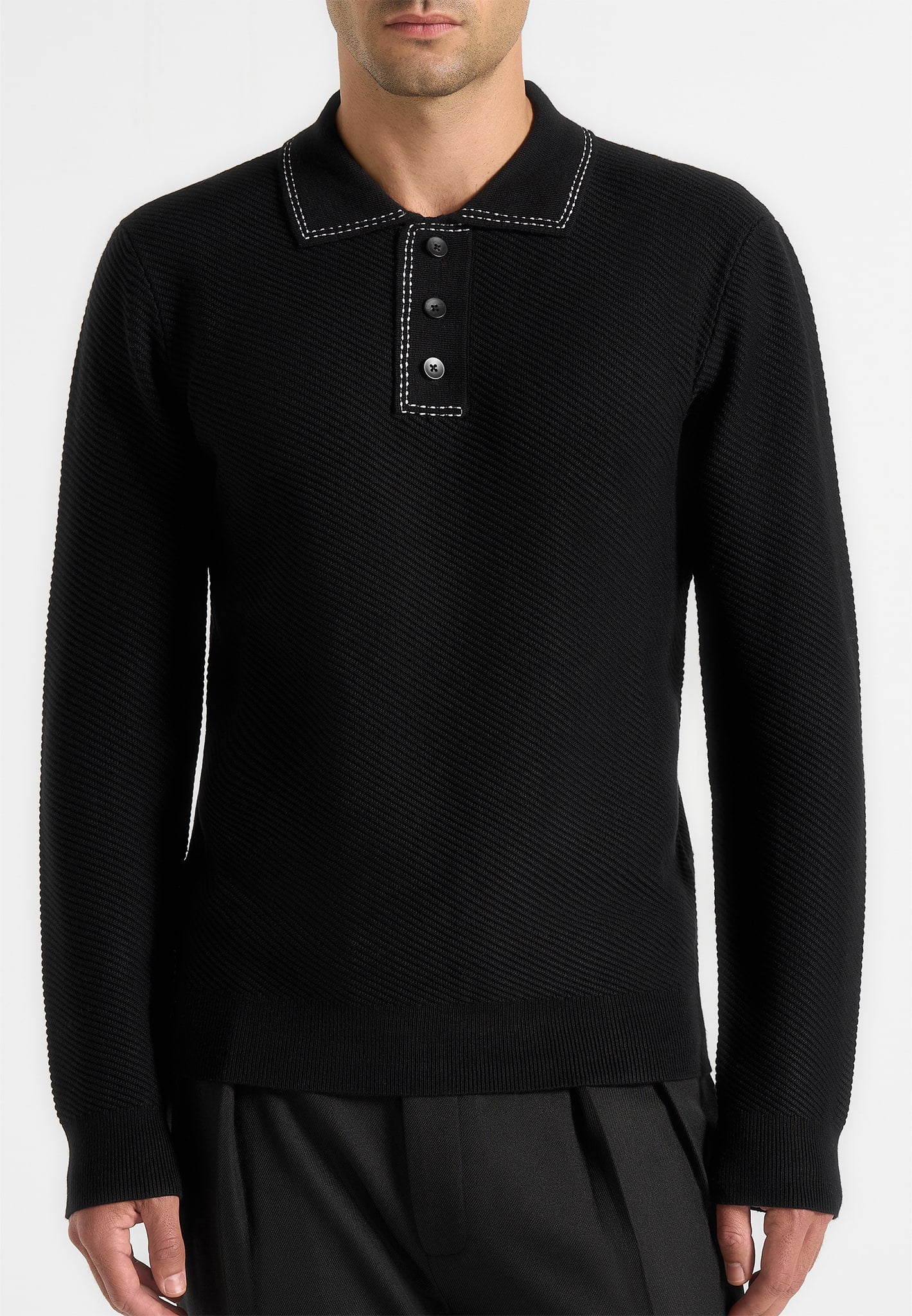 Aymeric - Whipstitch Detail Long Sleeve Knit Polo Shirt - Black - Image 4