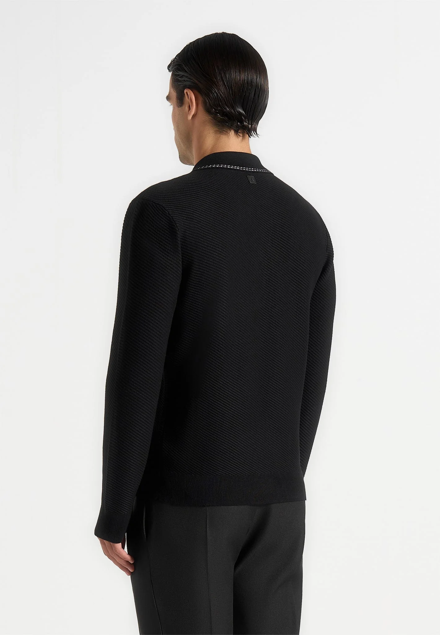 Aymeric - Whipstitch Detail Long Sleeve Knit Polo Shirt - Black - Image 5