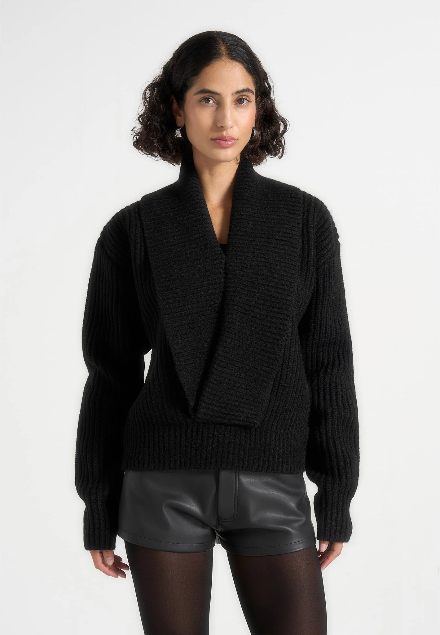 Azra - Plunge Knit Sweater - Black