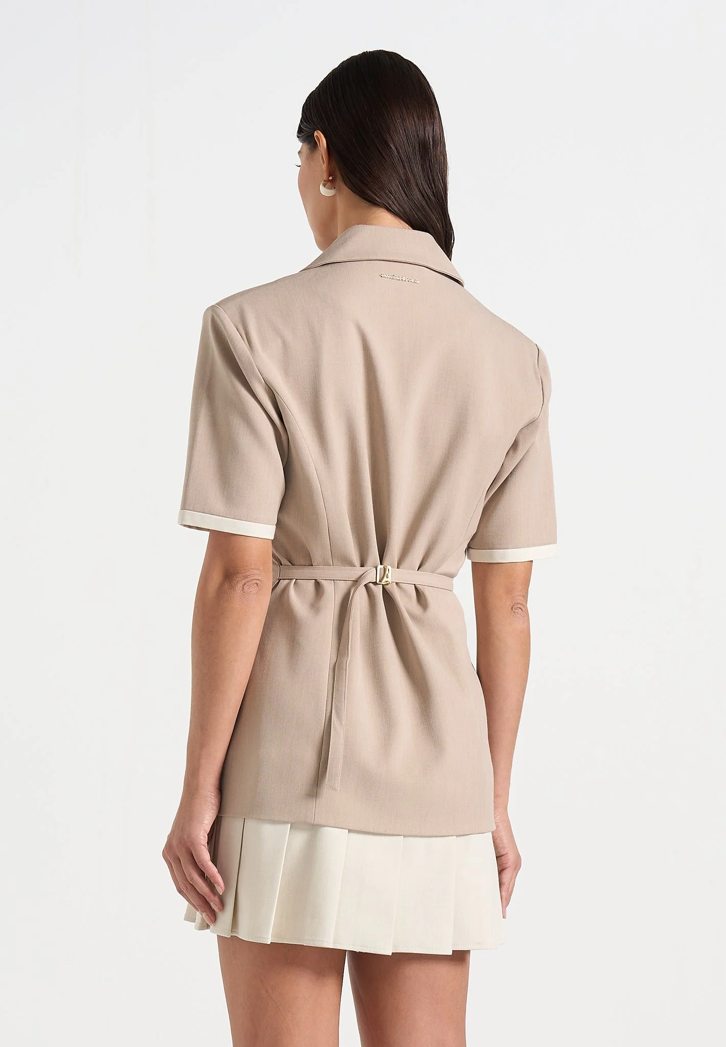 Baya - Tailored Cinch Waist Pleated Blazer Dress - Taupe - Image 3