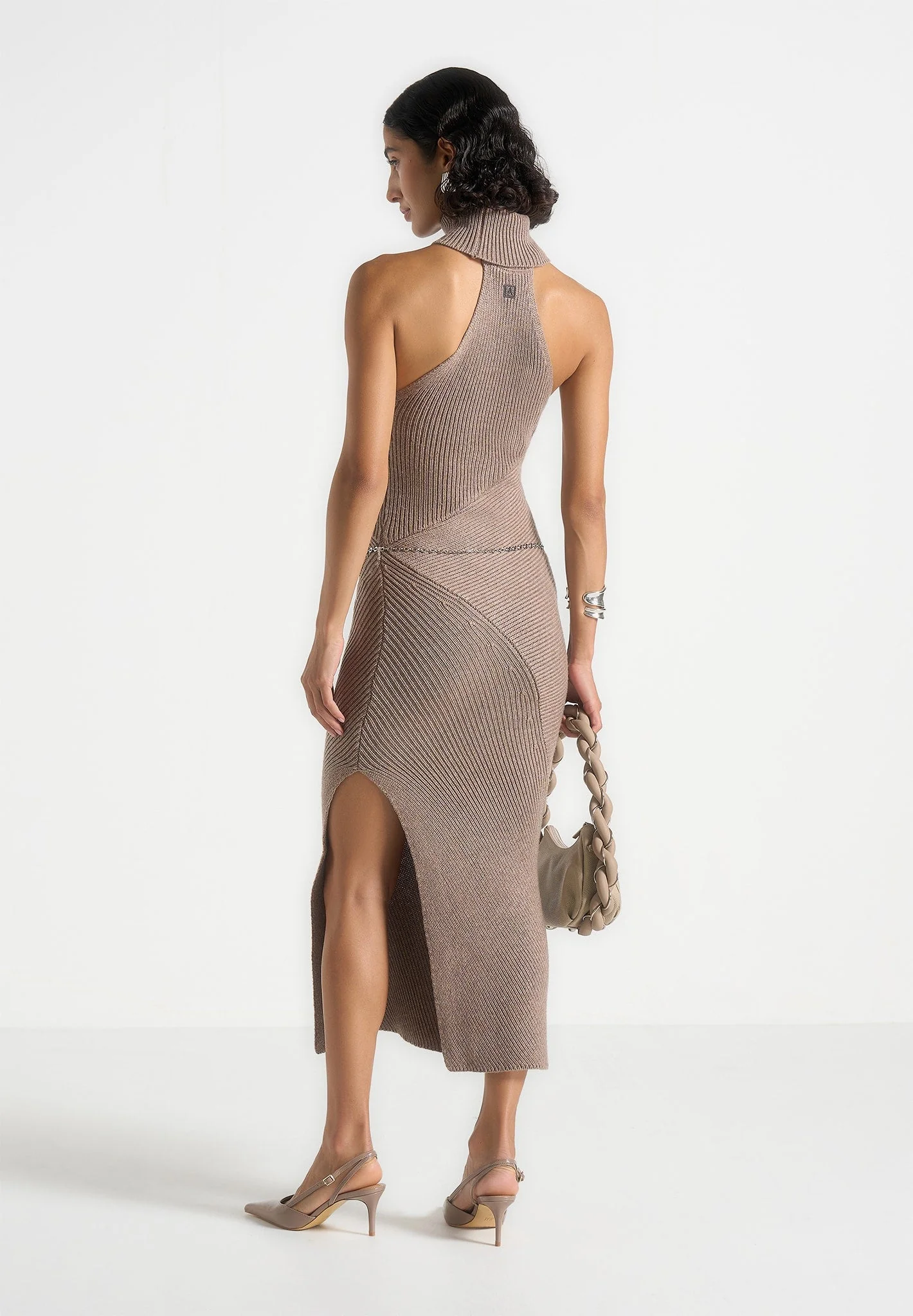 Belina - Halter Neck Knitted Maxi Dress With Chain - Taupe - Image 4
