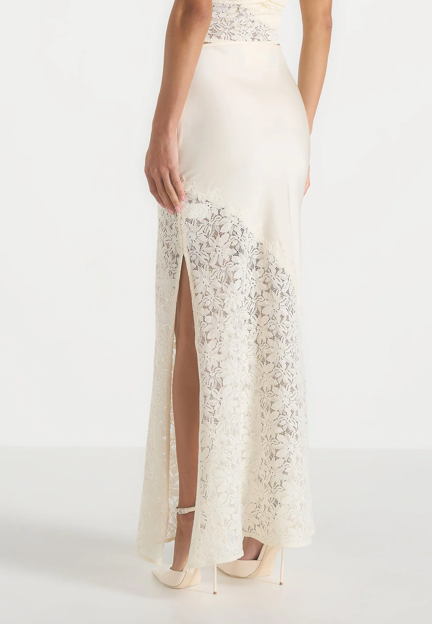Belle - Satin and Lace Maxi Skirt - Champagne - Image 4