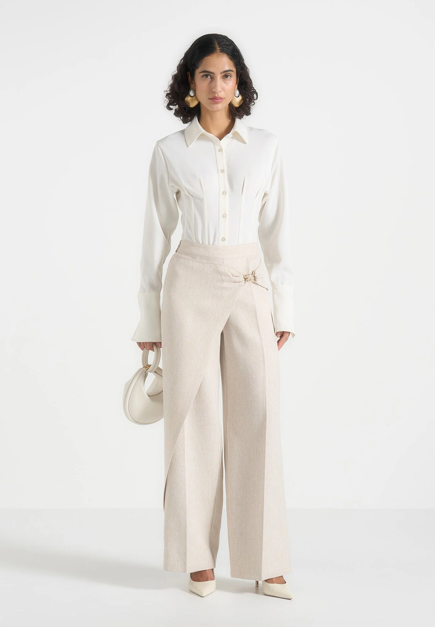 Beryl - Wrap Tailored Trousers With Hardware Detail - Cream