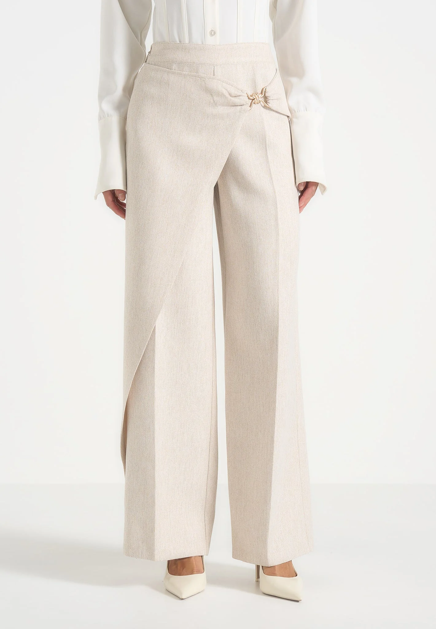 Beryl - Wrap Tailored Trousers With Hardware Detail - Cream - Image 3