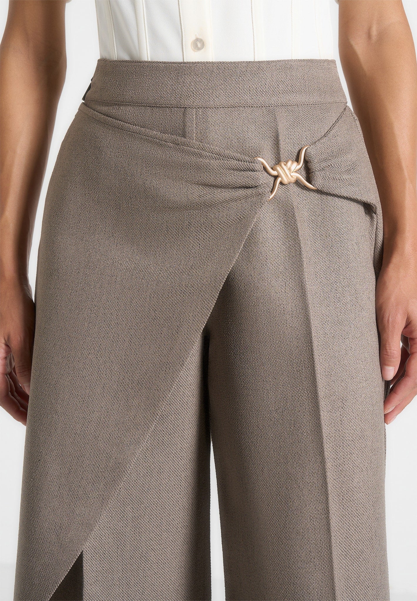 Beryl - Wrap Tailored Trousers With Hardware Detail - Taupe - Image 3