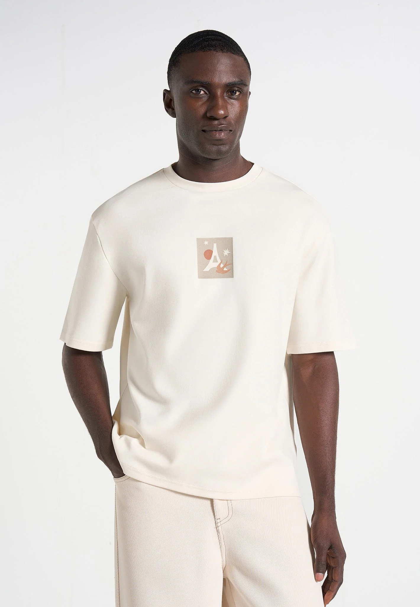 Thibault - Bird Detail Cotton T-Shirt - Cream - Image 2
