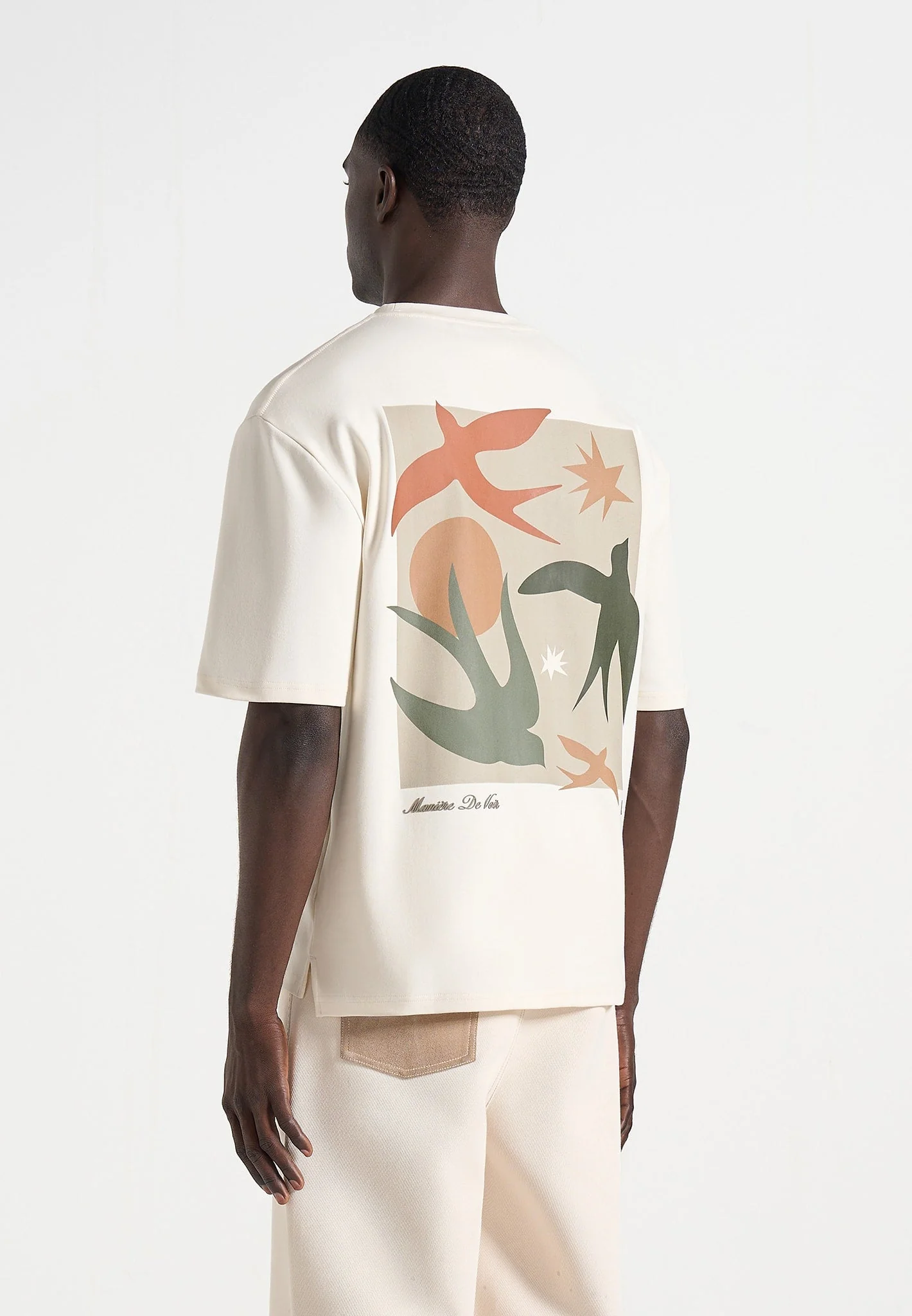 Thibault - Bird Detail Cotton T-Shirt - Cream - Image 3