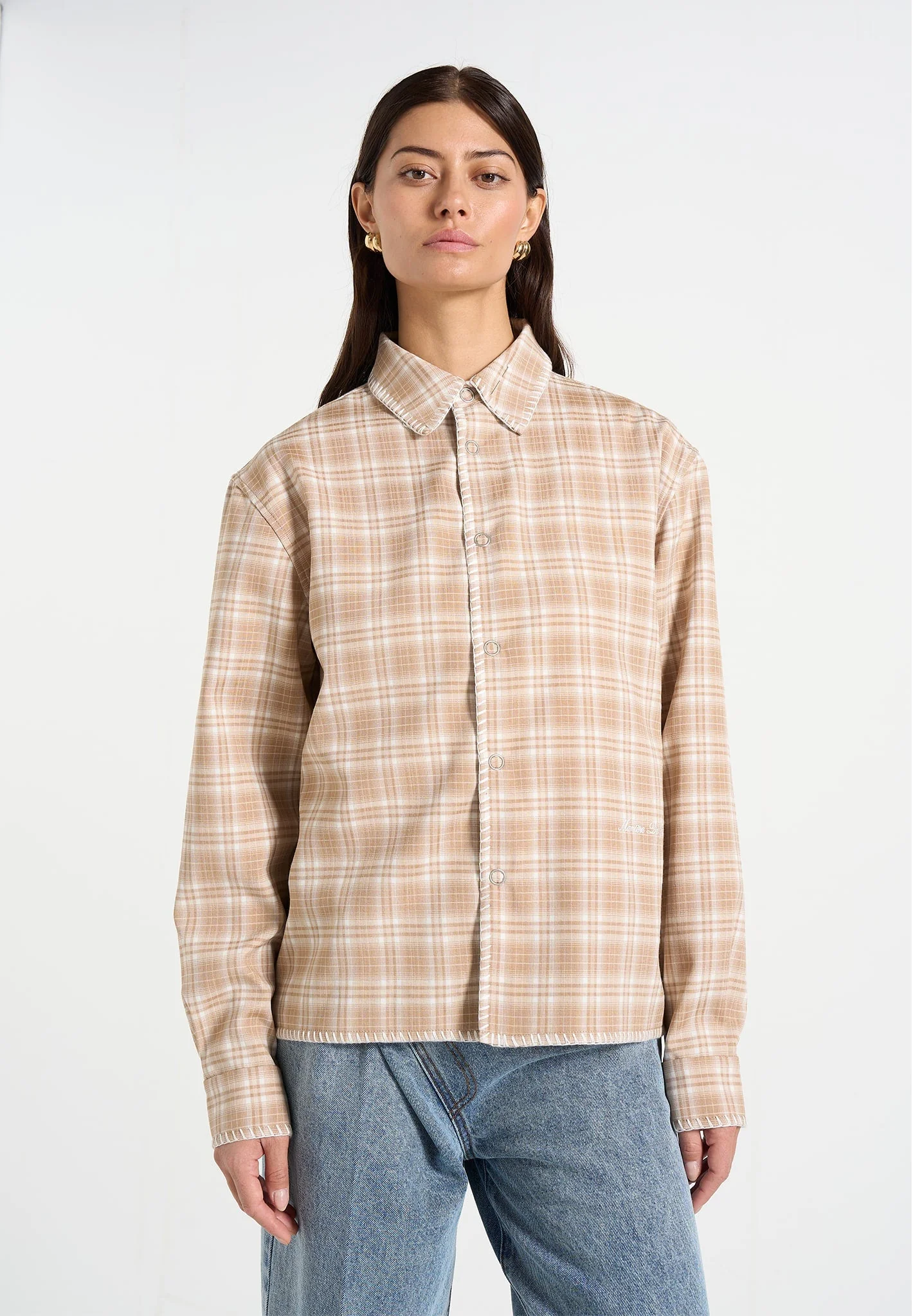 Blake - Unisex Whipstitch Check Shirt - Beige - Image 3