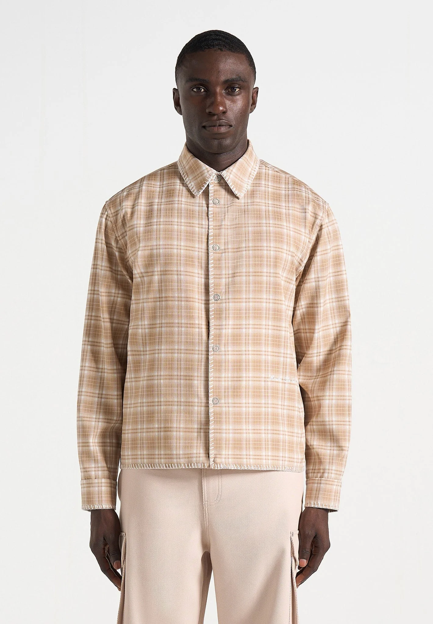 Blake - Unisex Whipstitch Check Shirt - Beige - Image 4