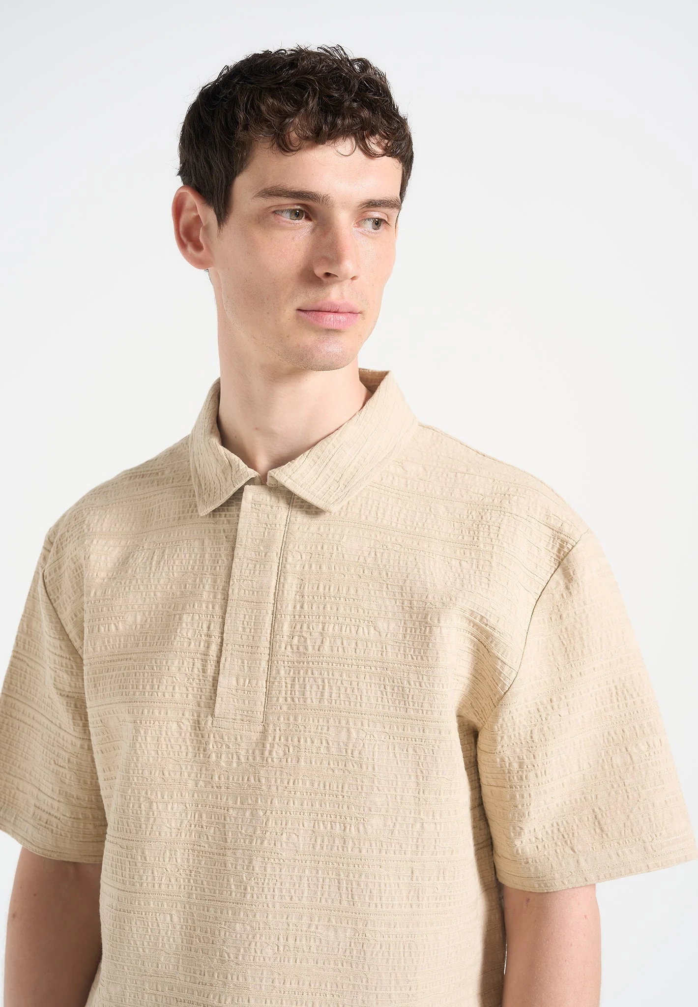 Simon - Boxy Textured Polo Shirt - Beige - Image 3