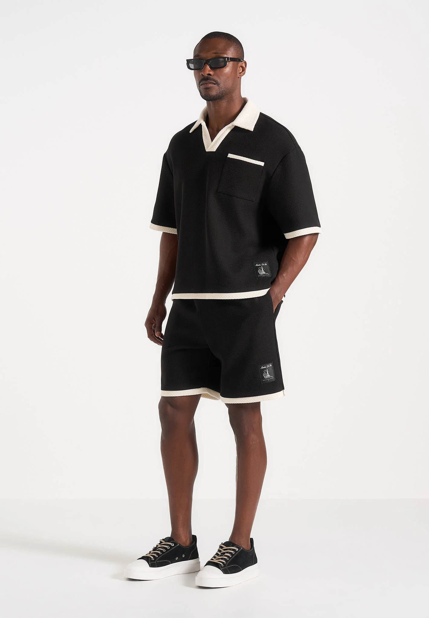 Brice - Boxy Crochet Detail Polo Shirt - Black - Image 2