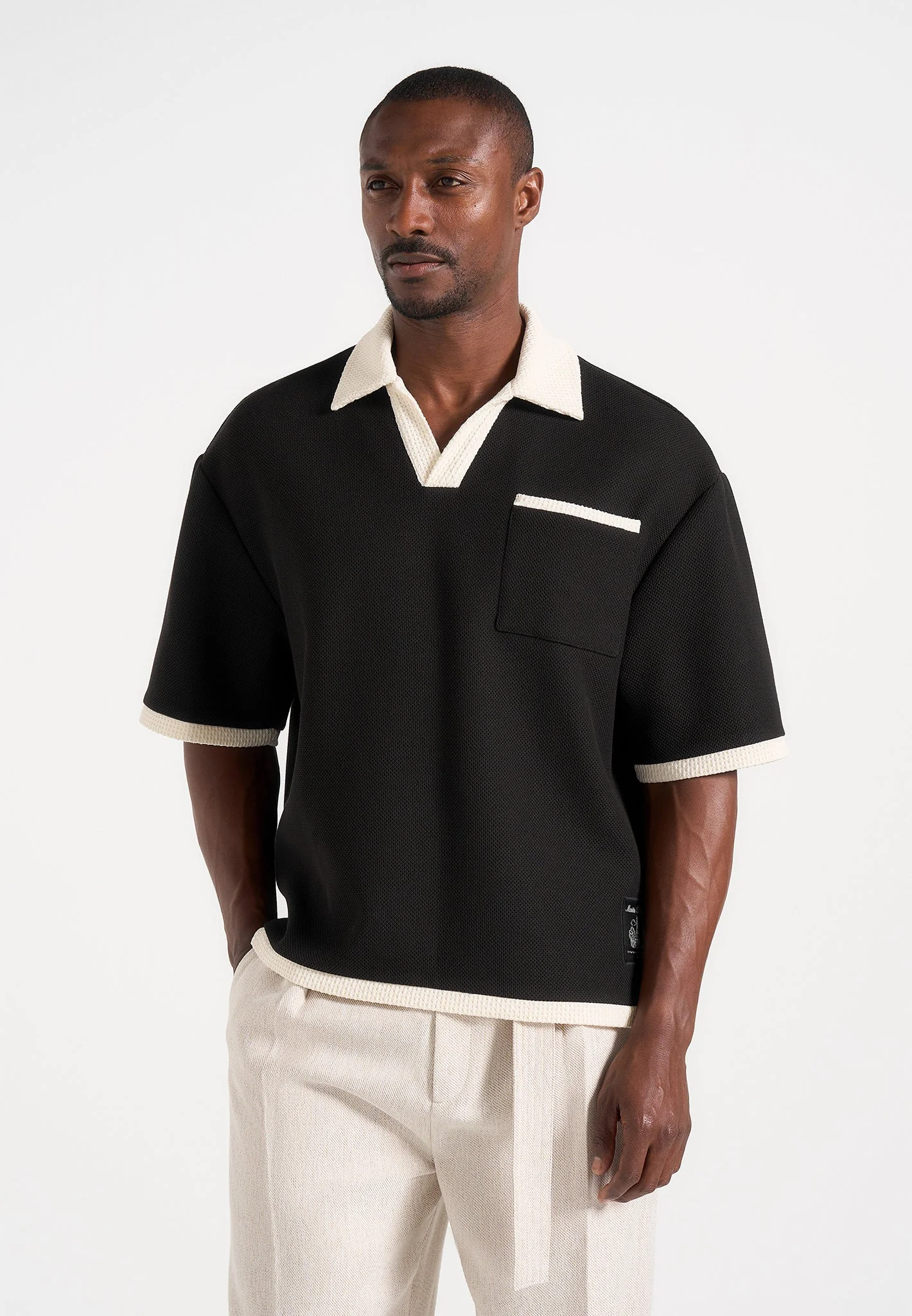 Brice - Boxy Crochet Detail Polo Shirt - Black - Image 3