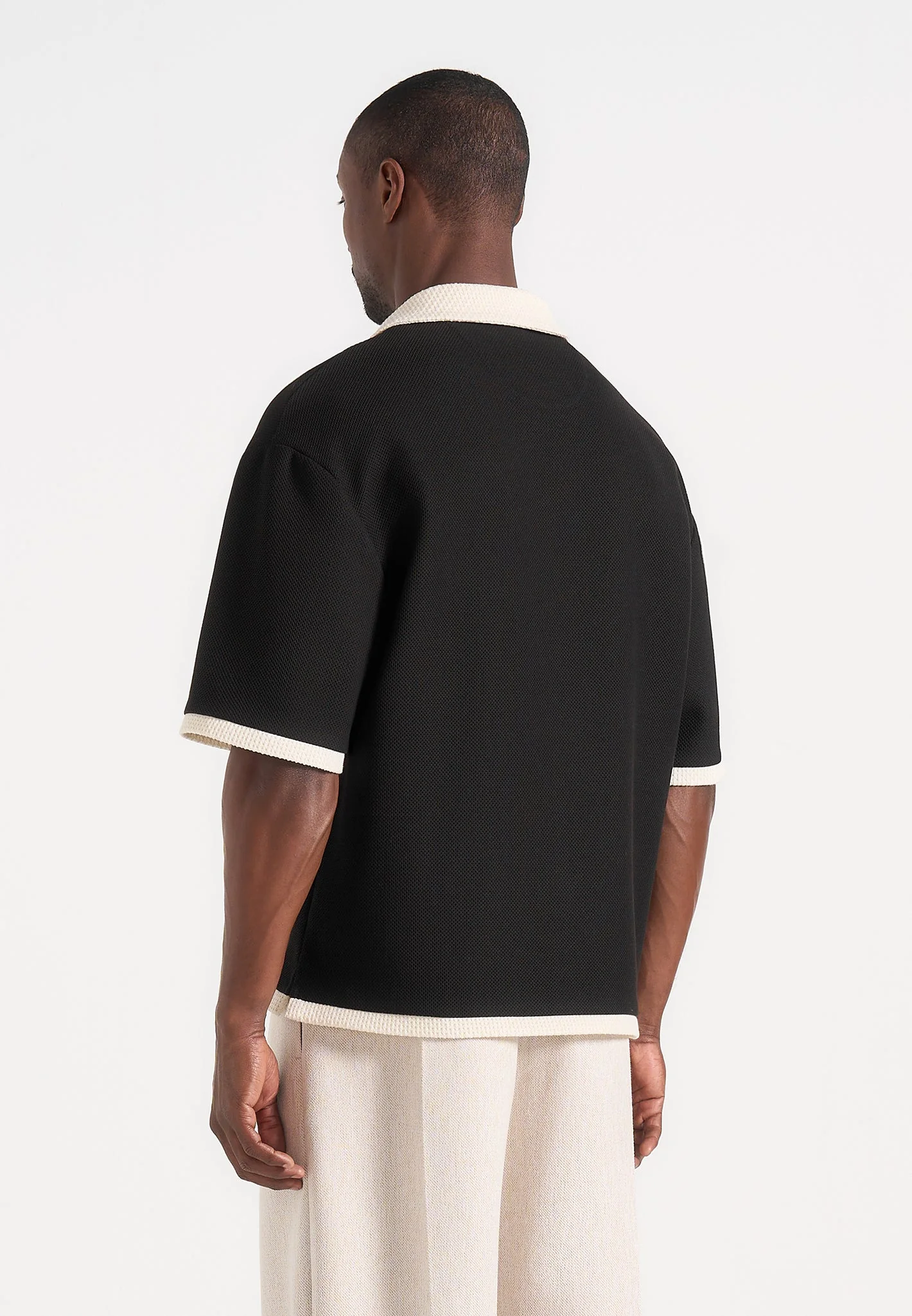 Brice - Boxy Crochet Detail Polo Shirt - Black - Image 4