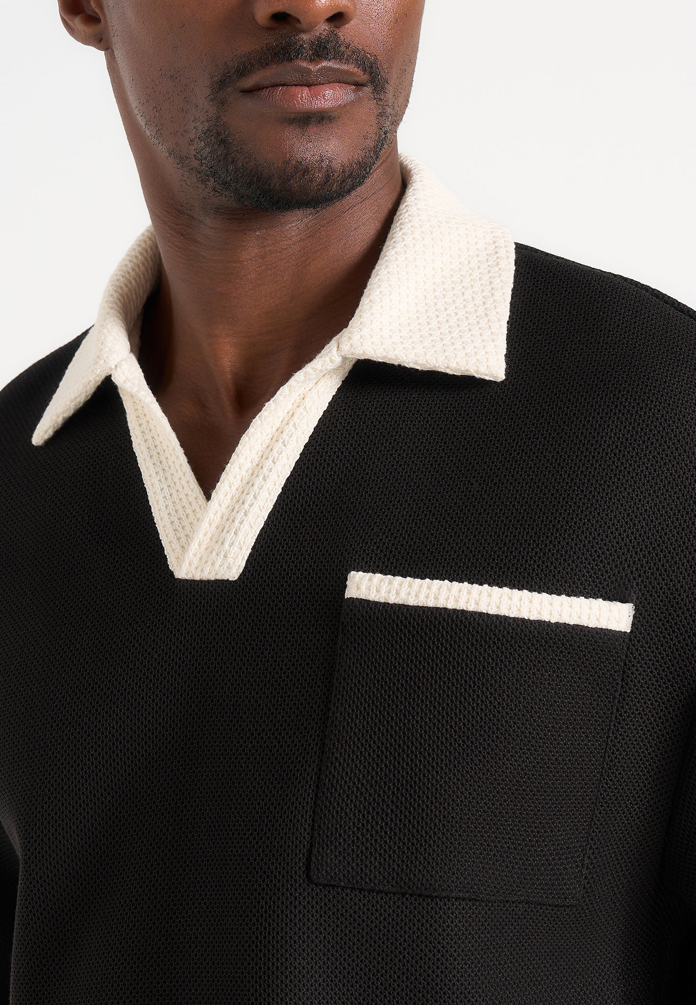 Brice - Boxy Crochet Detail Polo Shirt - Black - Image 5