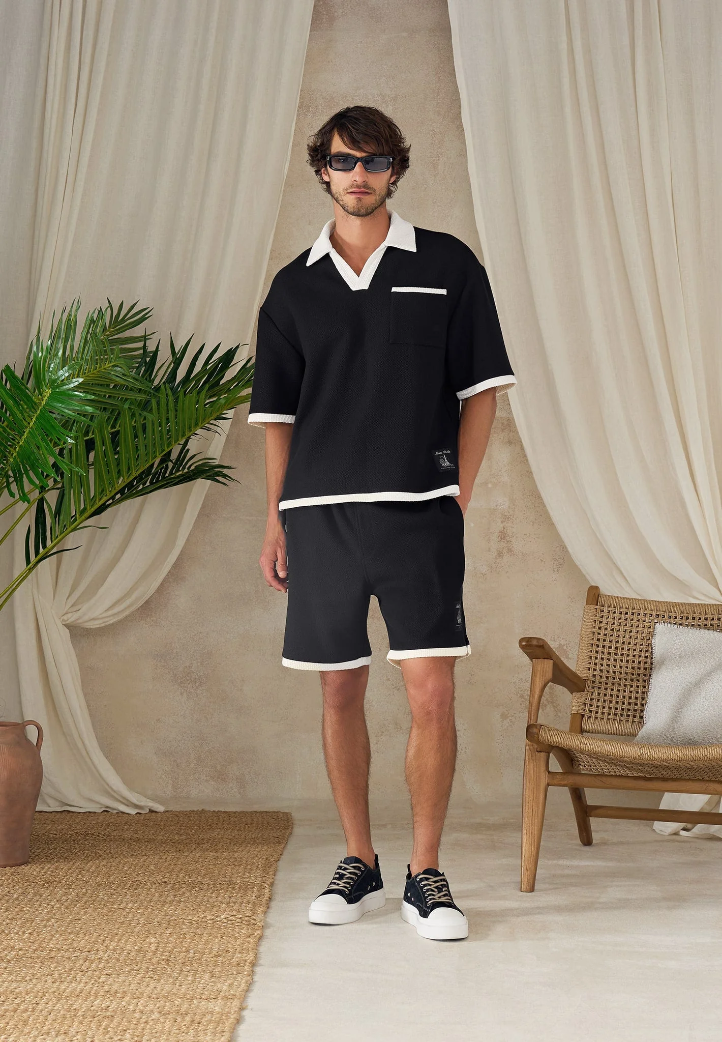 Brice - Boxy Crochet Detail Polo Shirt - Black - Image 7