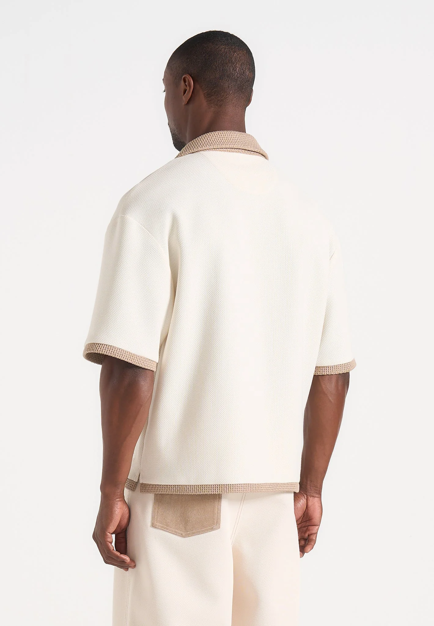 Brice - Boxy Crochet Detail Polo Shirt - Cream - Image 3