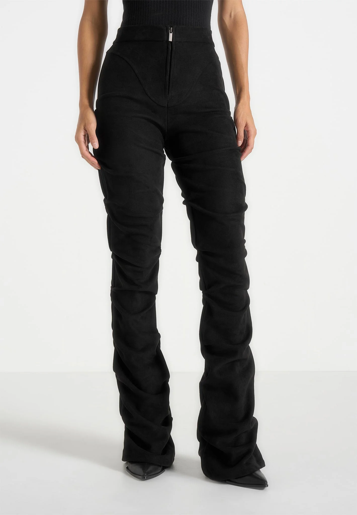 Caroline - Tacked Suede Fit & Flare Trousers - Black