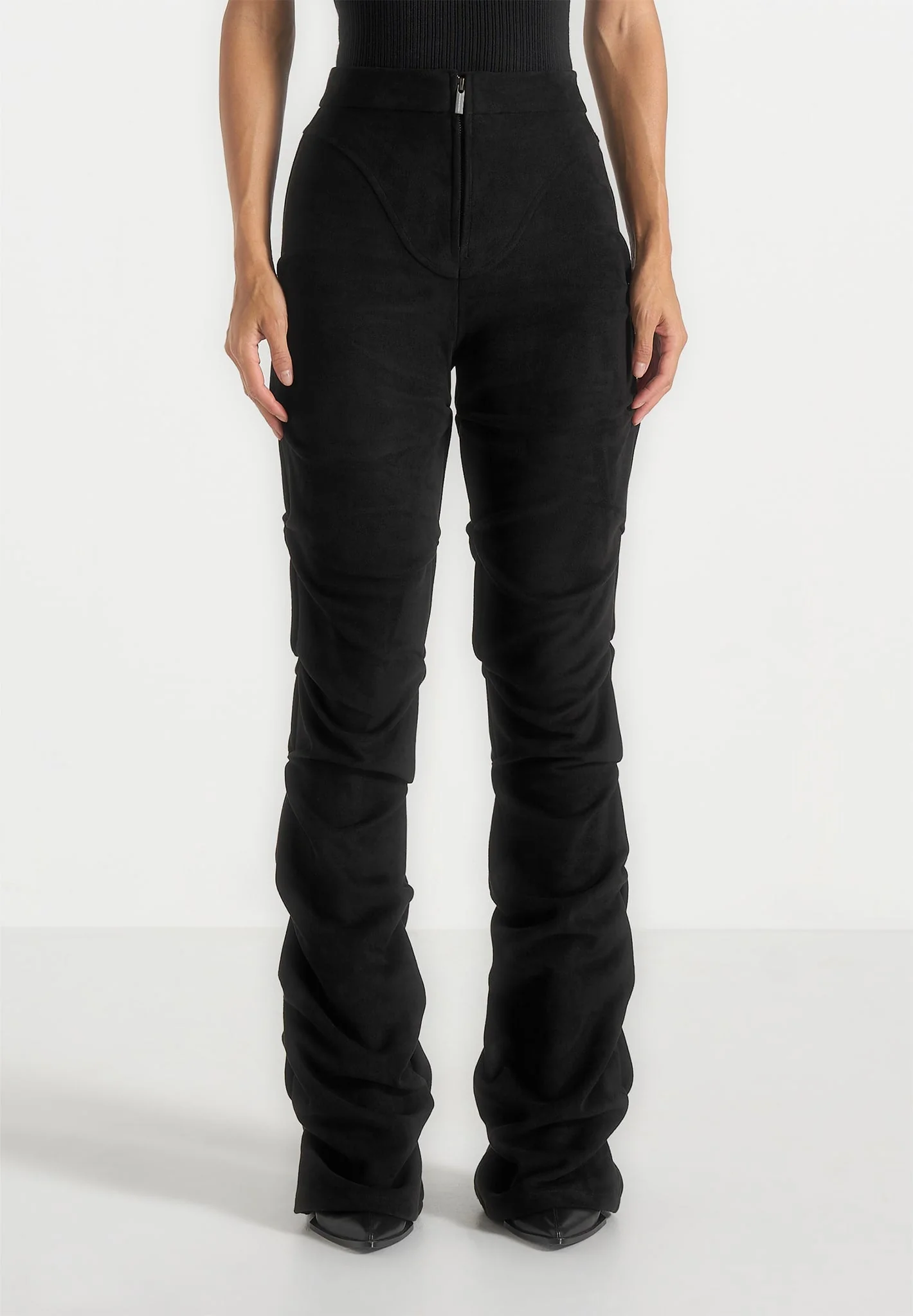 Caroline - Tacked Suede Fit & Flare Trousers - Black - Image 3