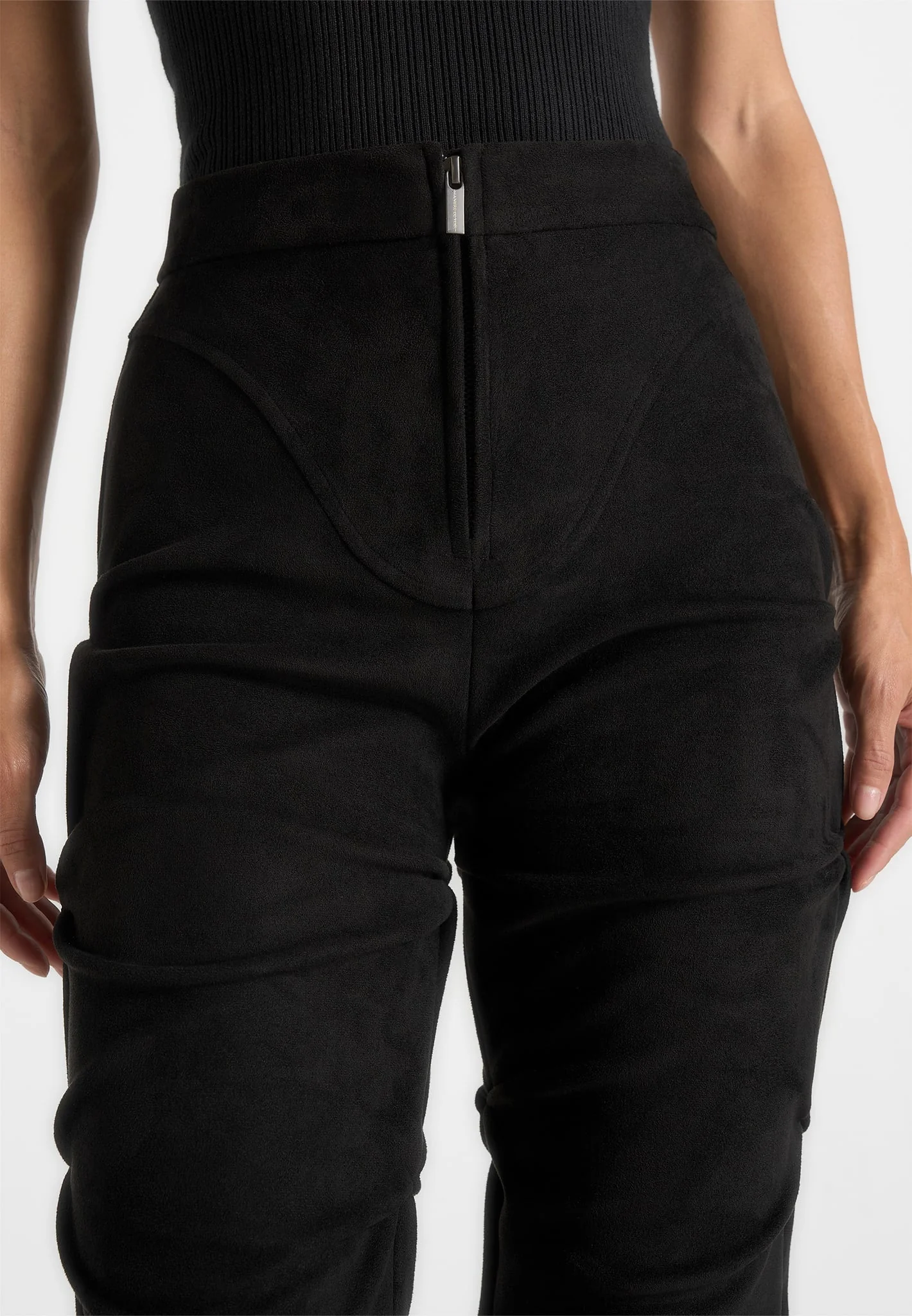 Caroline - Tacked Suede Fit & Flare Trousers - Black - Image 4