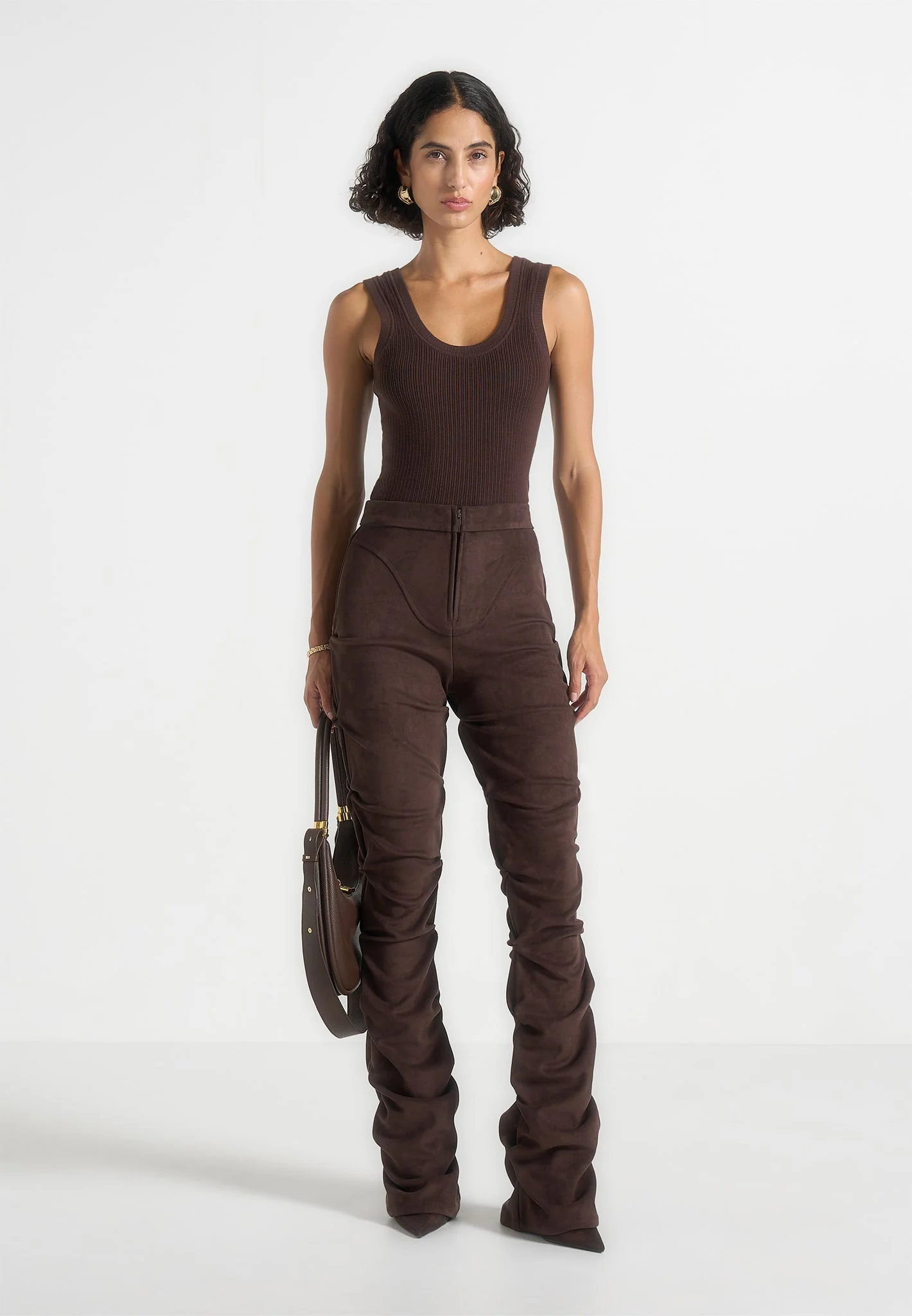 Caroline - Tacked Suede Fit & Flare Trousers - Brown - Image 2