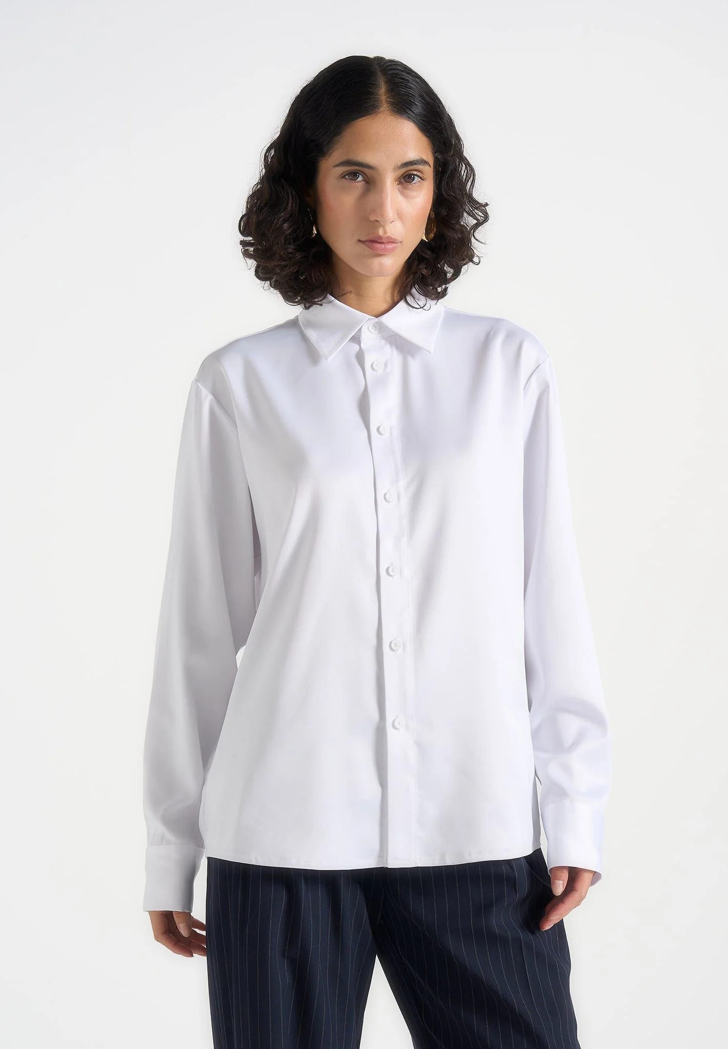 Carter - Unisex Oversized Satin Shirt - White - Image 3