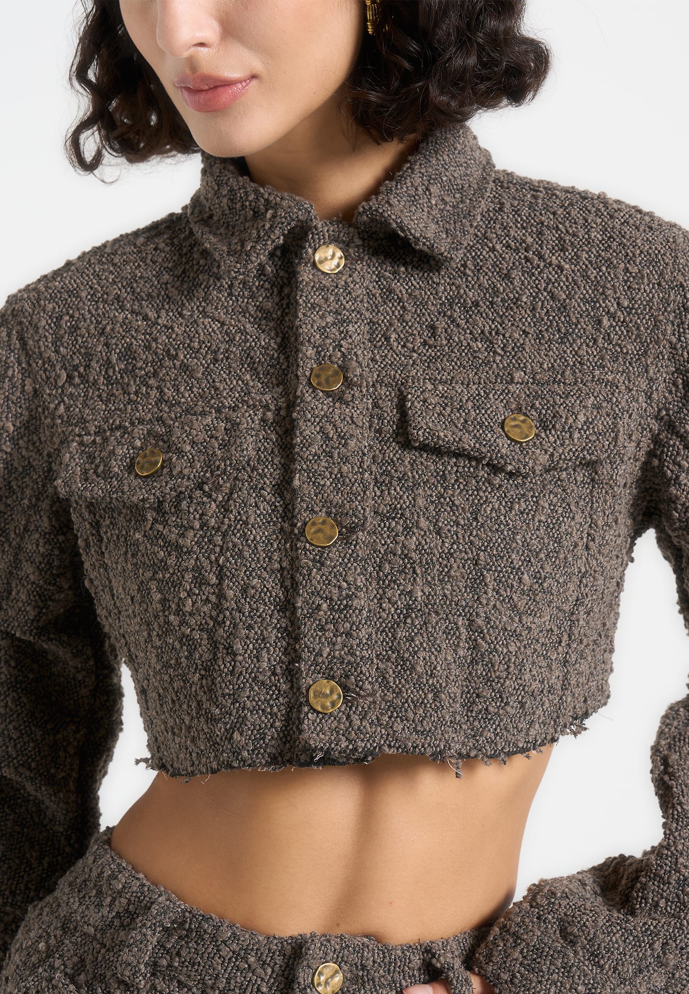 Catherine - Cropped Boucle Denim Jacket - Brown - Image 3