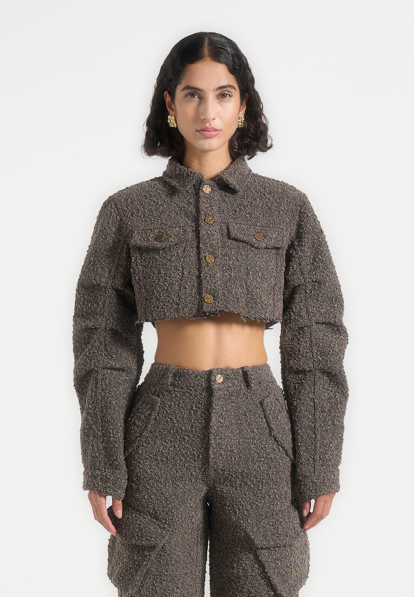 Catherine - Cropped Boucle Denim Jacket - Brown - Image 4