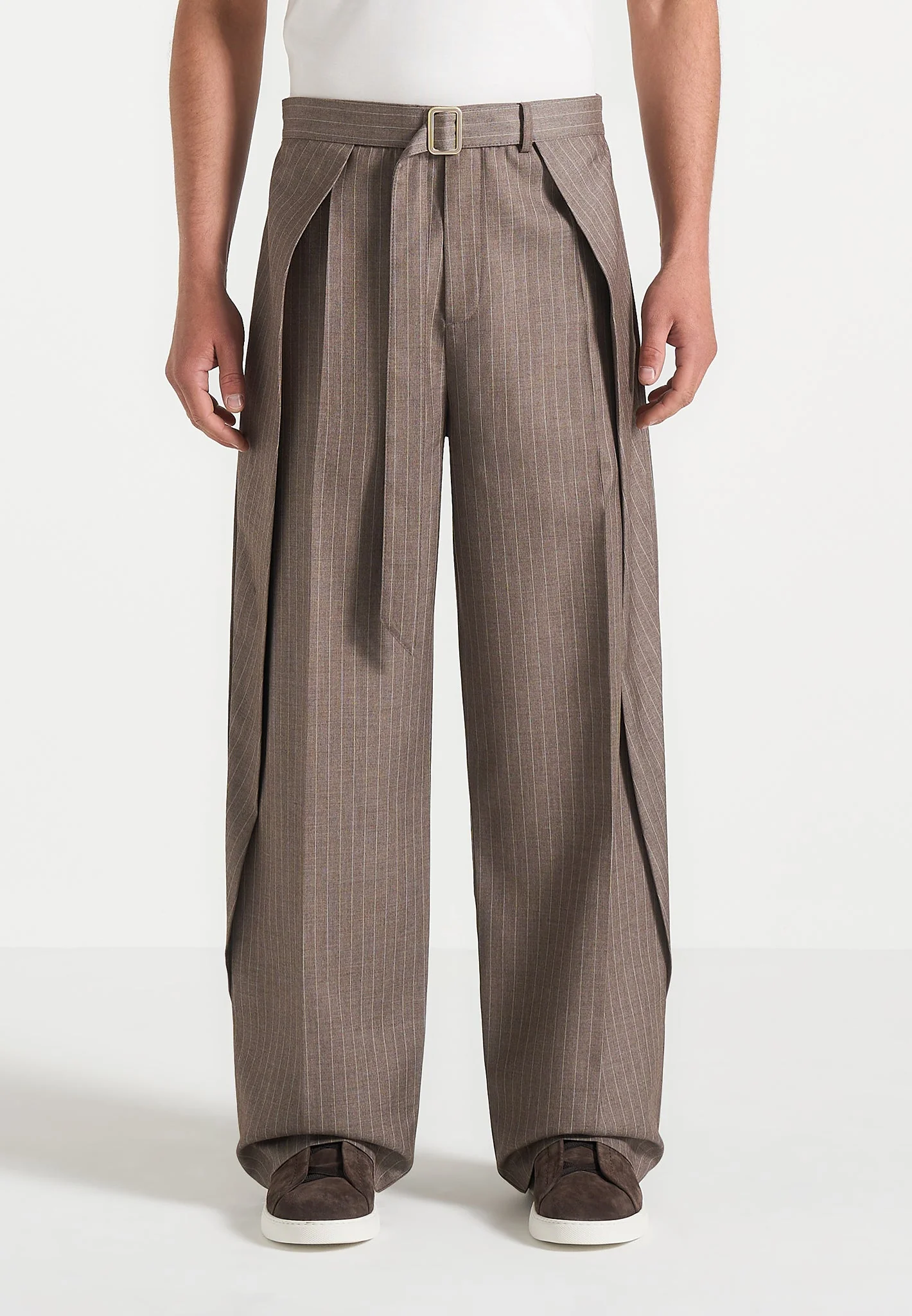 Charles - Wide Fit Wrap Leg Pinstripe Tailored Trousers - Taupe - Image 3
