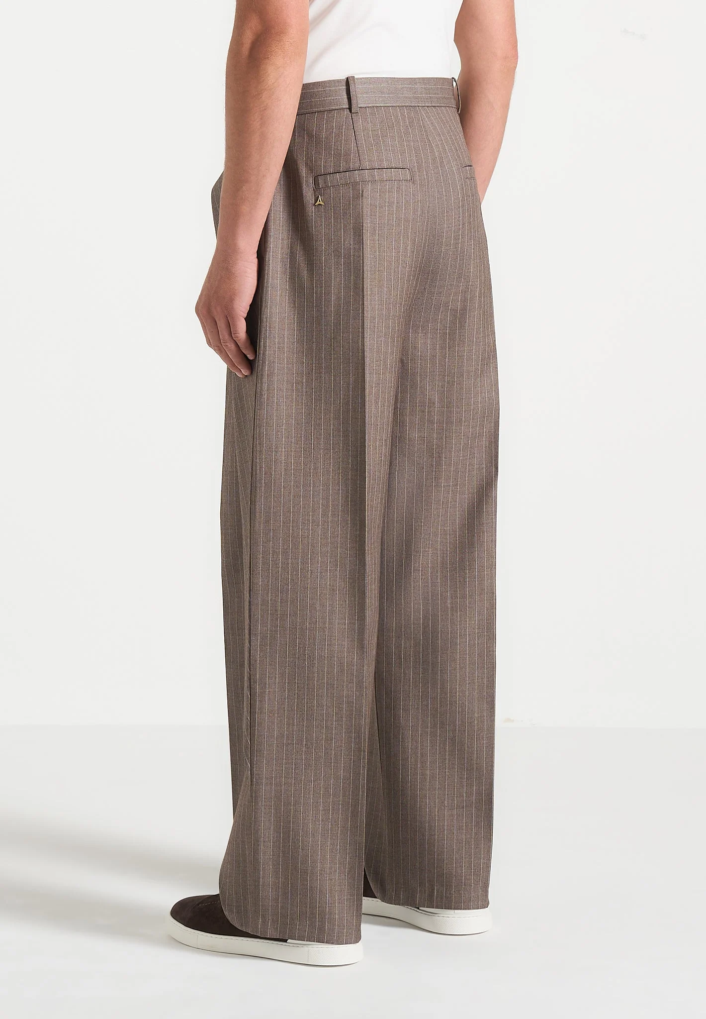 Charles - Wide Fit Wrap Leg Pinstripe Tailored Trousers - Taupe - Image 4