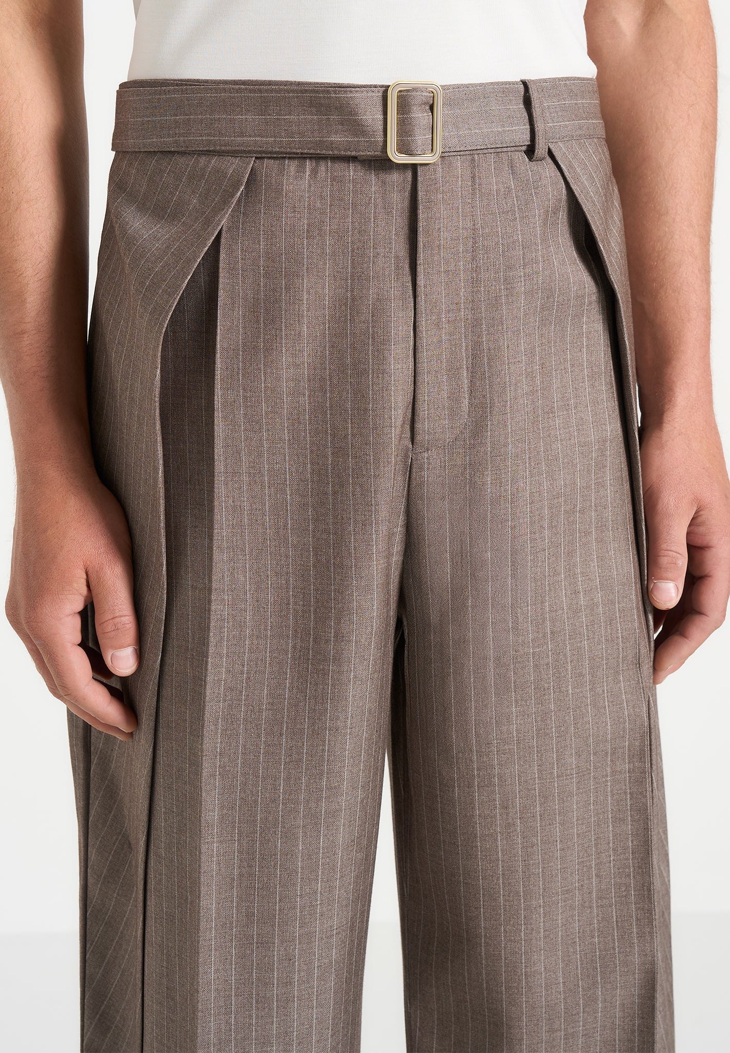 Charles - Wide Fit Wrap Leg Pinstripe Tailored Trousers - Taupe - Image 5