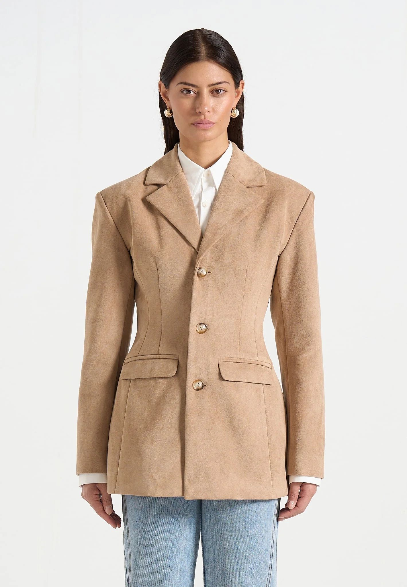 Claire - Suede Wide Shoulder Cinch Waist Blazer - Beige - Image 2