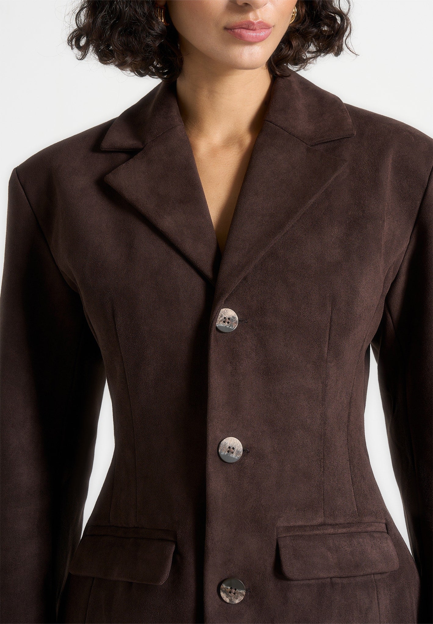 Claire - Suede Wide Shoulder Cinch Waist Blazer - Brown - Image 3