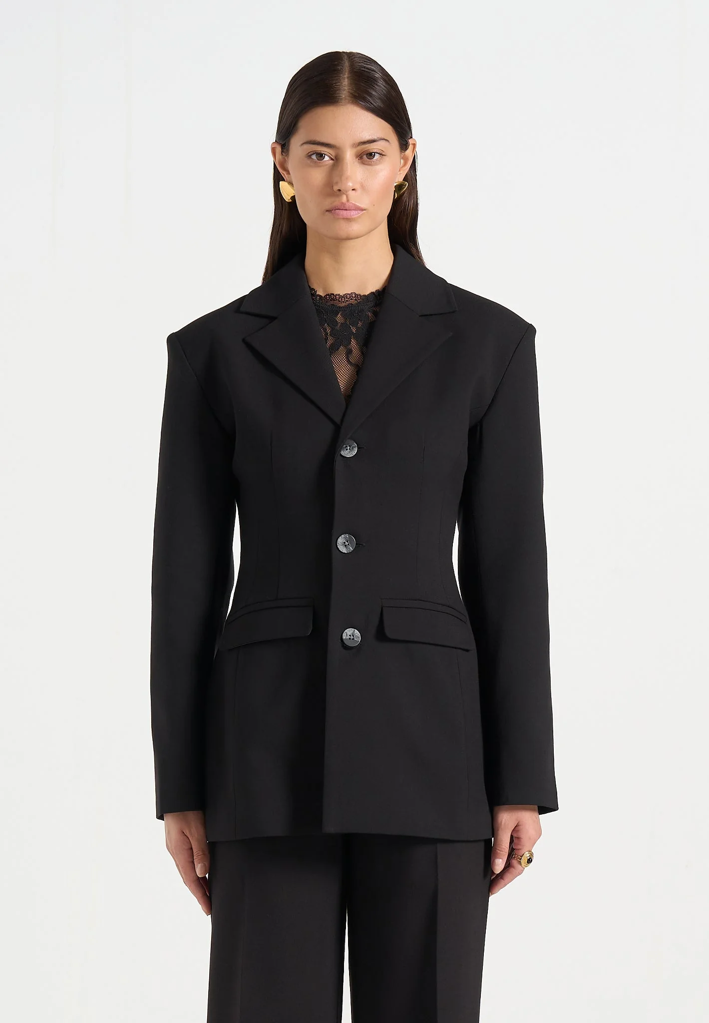 Claire - Wide Shoulder Cinch Waist Blazer - Black - Image 3