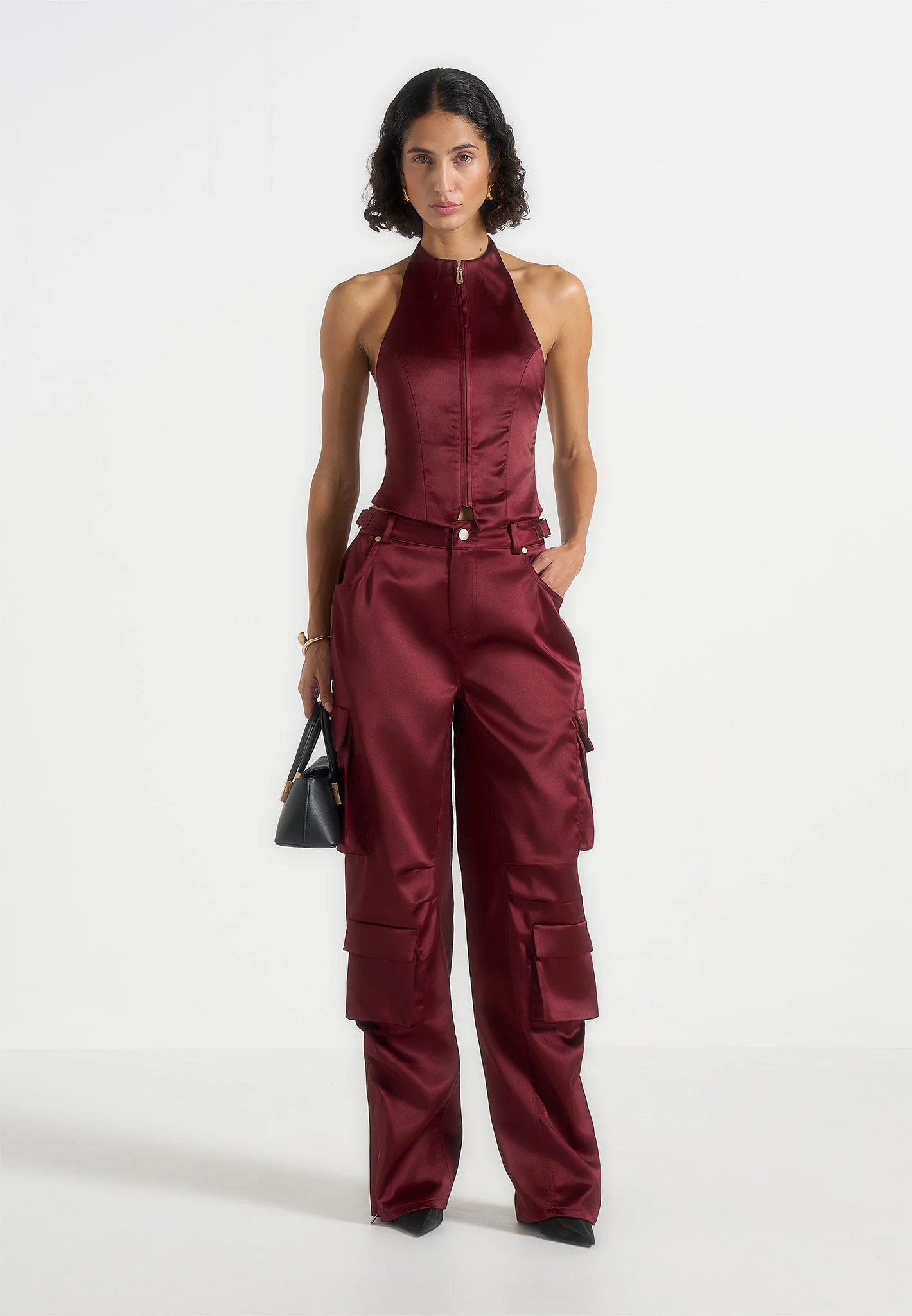 Claudette - Satin Halterneck Backless Top - Wine Red - Image 2