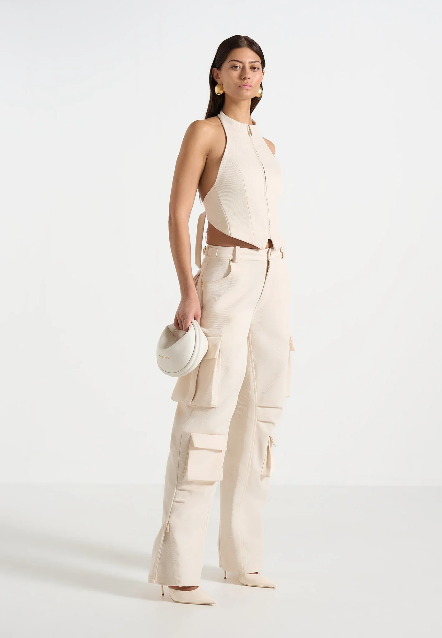 Claudette - Twill Halterneck Backless Top - Cream - Image 2
