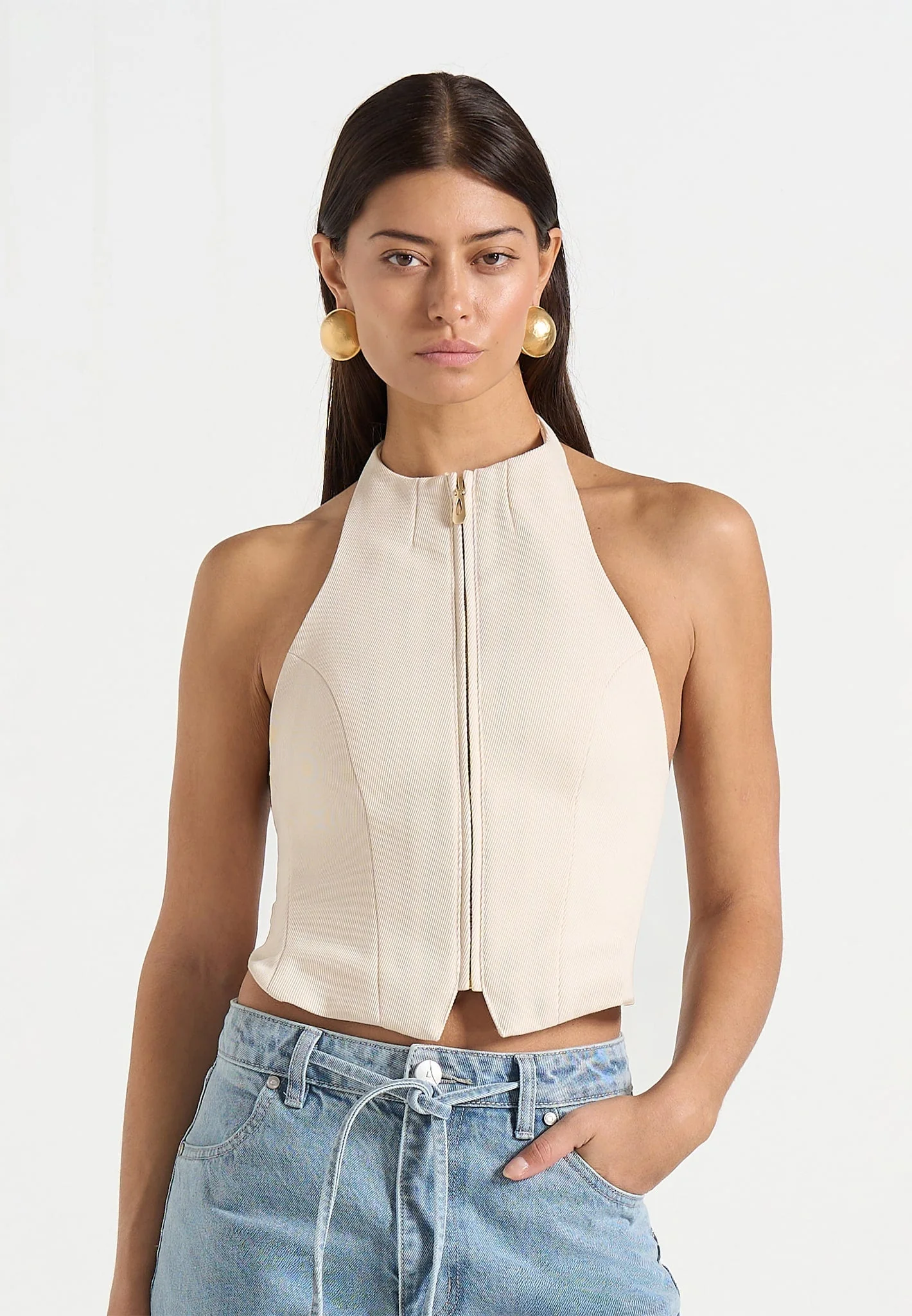 Claudette - Twill Halterneck Backless Top - Cream - Image 3