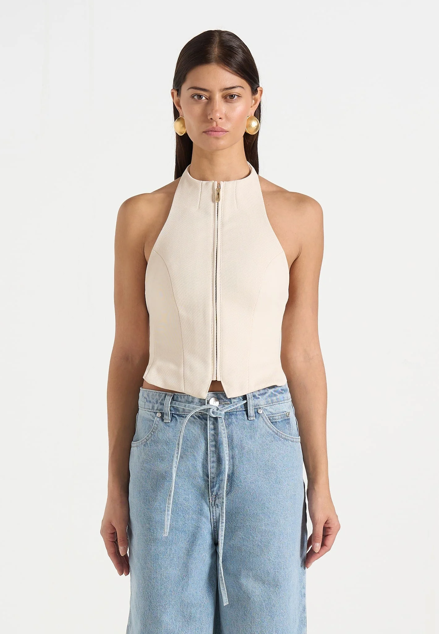 Claudette - Twill Halterneck Backless Top - Cream - Image 4