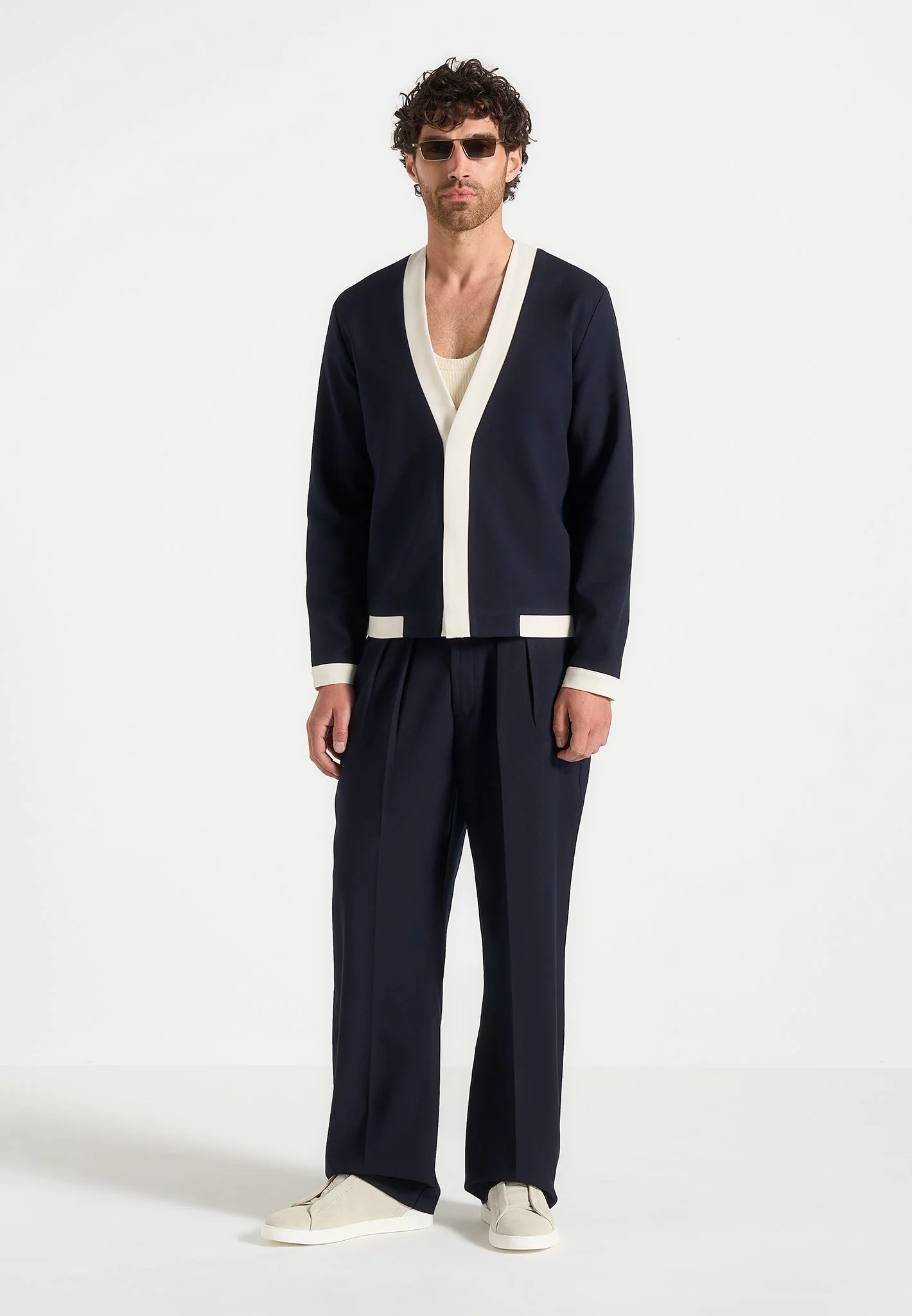 Clovis - Tailored Cardigan With Contrast Placket - Navy/White - Image 2