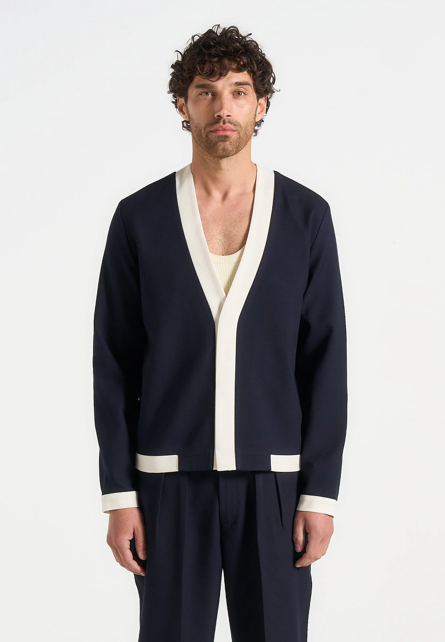 Clovis - Tailored Cardigan With Contrast Placket - Navy/White - Image 4