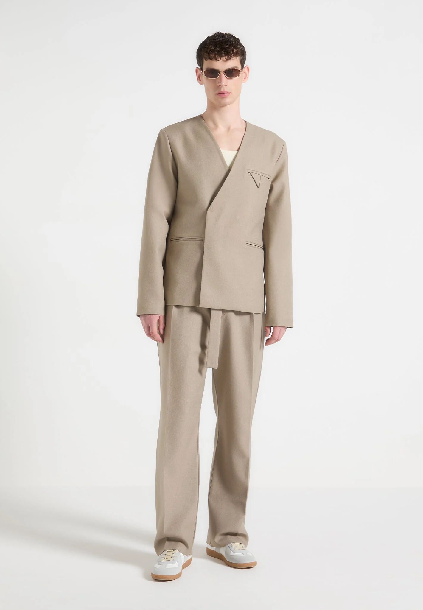 Colin - Collarless Double Breasted Minimal Blazer - Beige