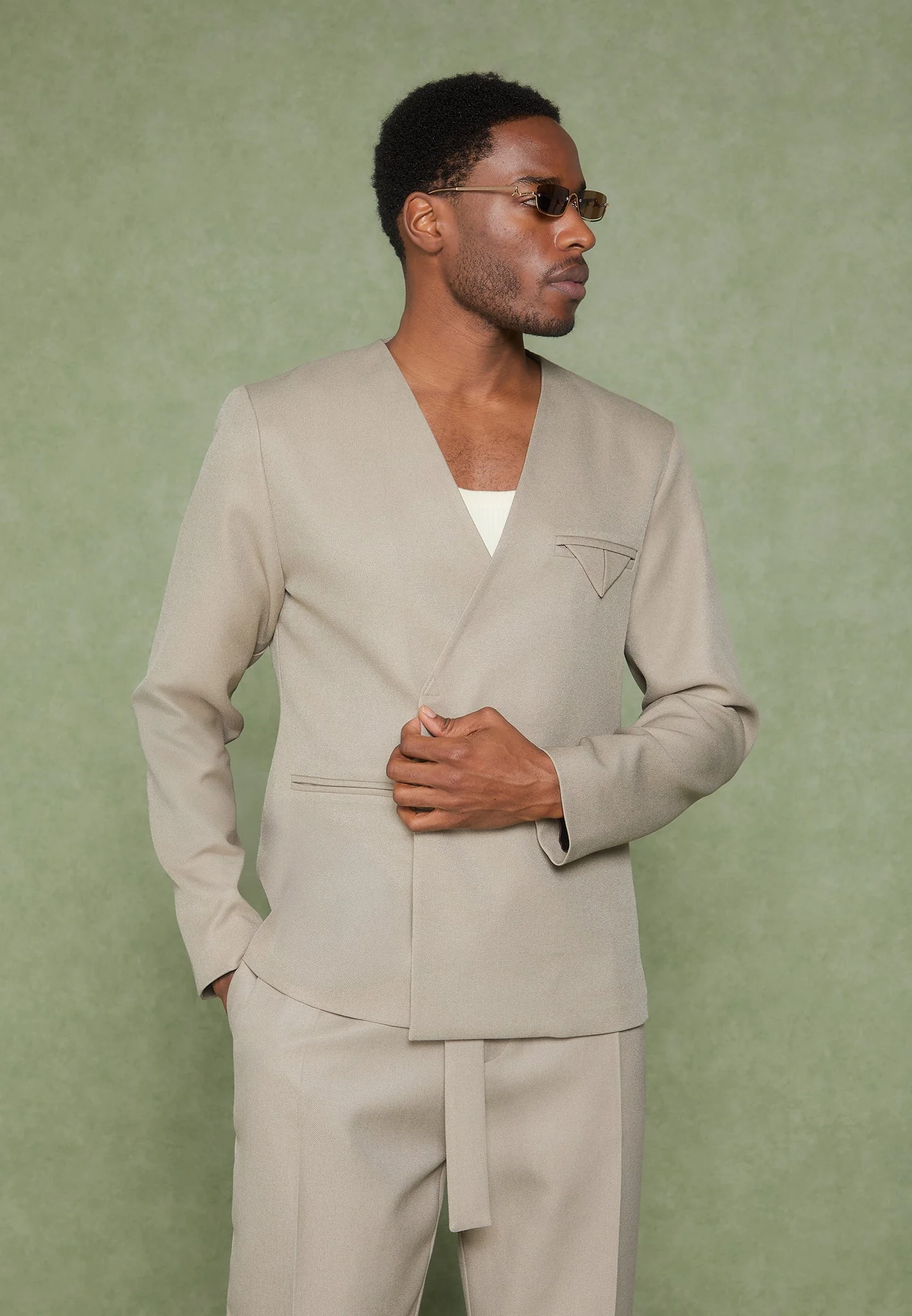 Colin - Collarless Double Breasted Minimal Blazer - Beige - Image 6
