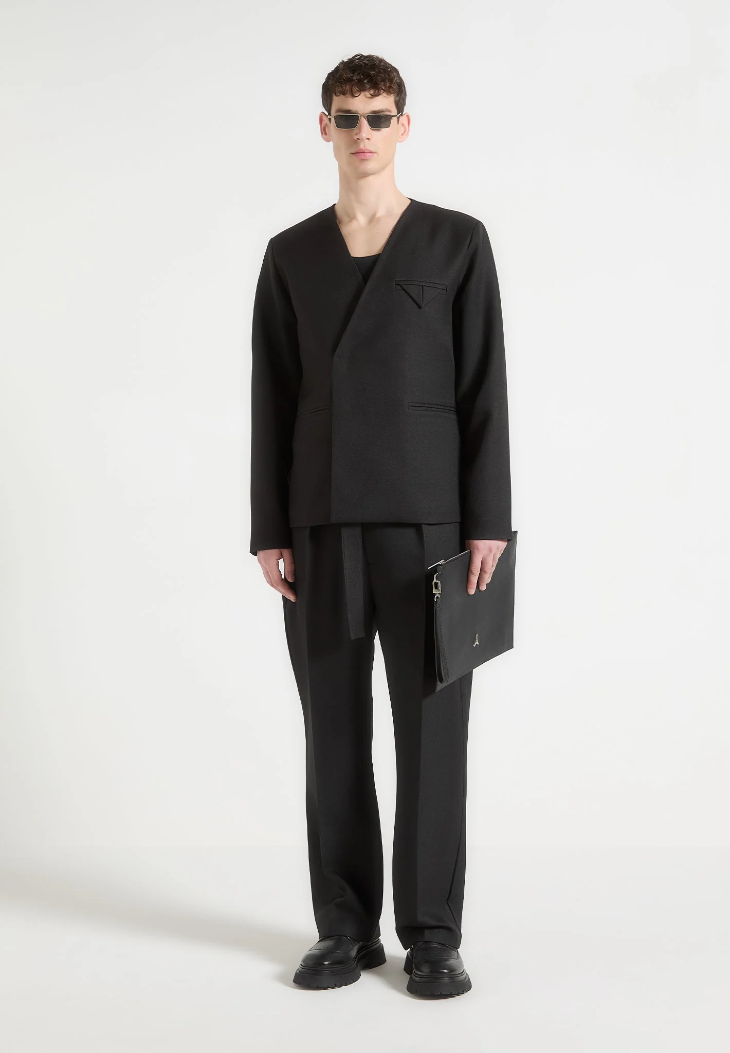 Colin - Collarless Double Breasted Minimal Blazer - Black - Image 2