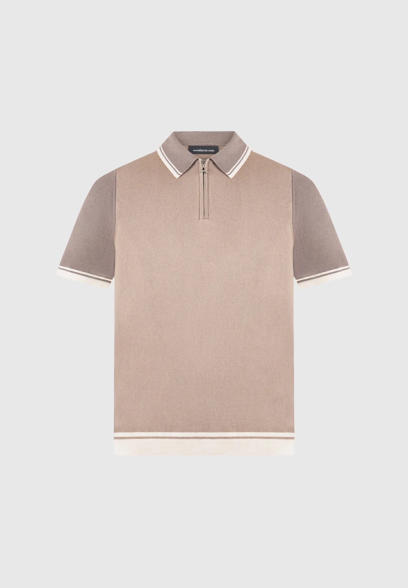 Colour Block Zip Polo Shirt - Taupe - Image 3