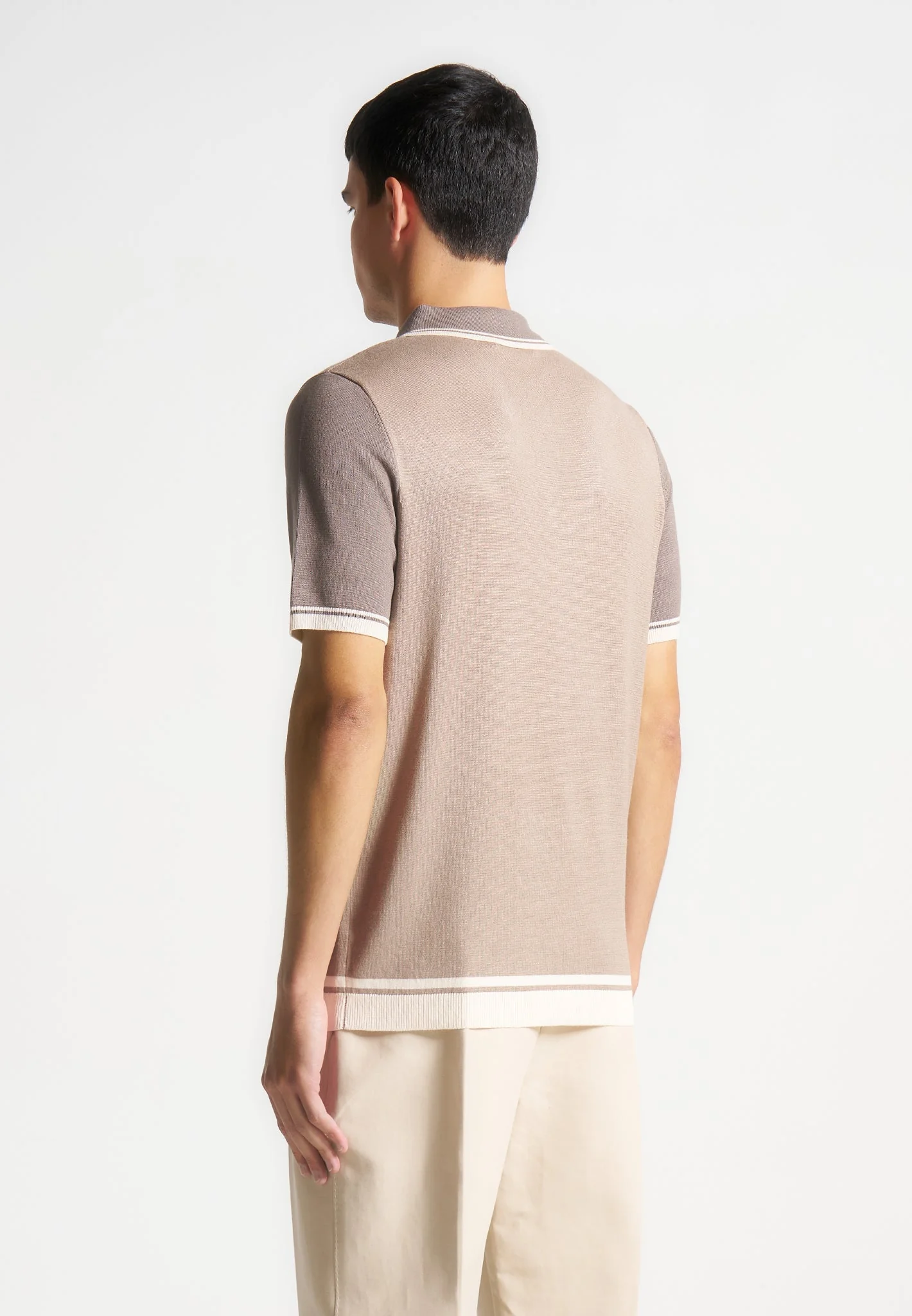 Colour Block Zip Polo Shirt - Taupe - Image 4