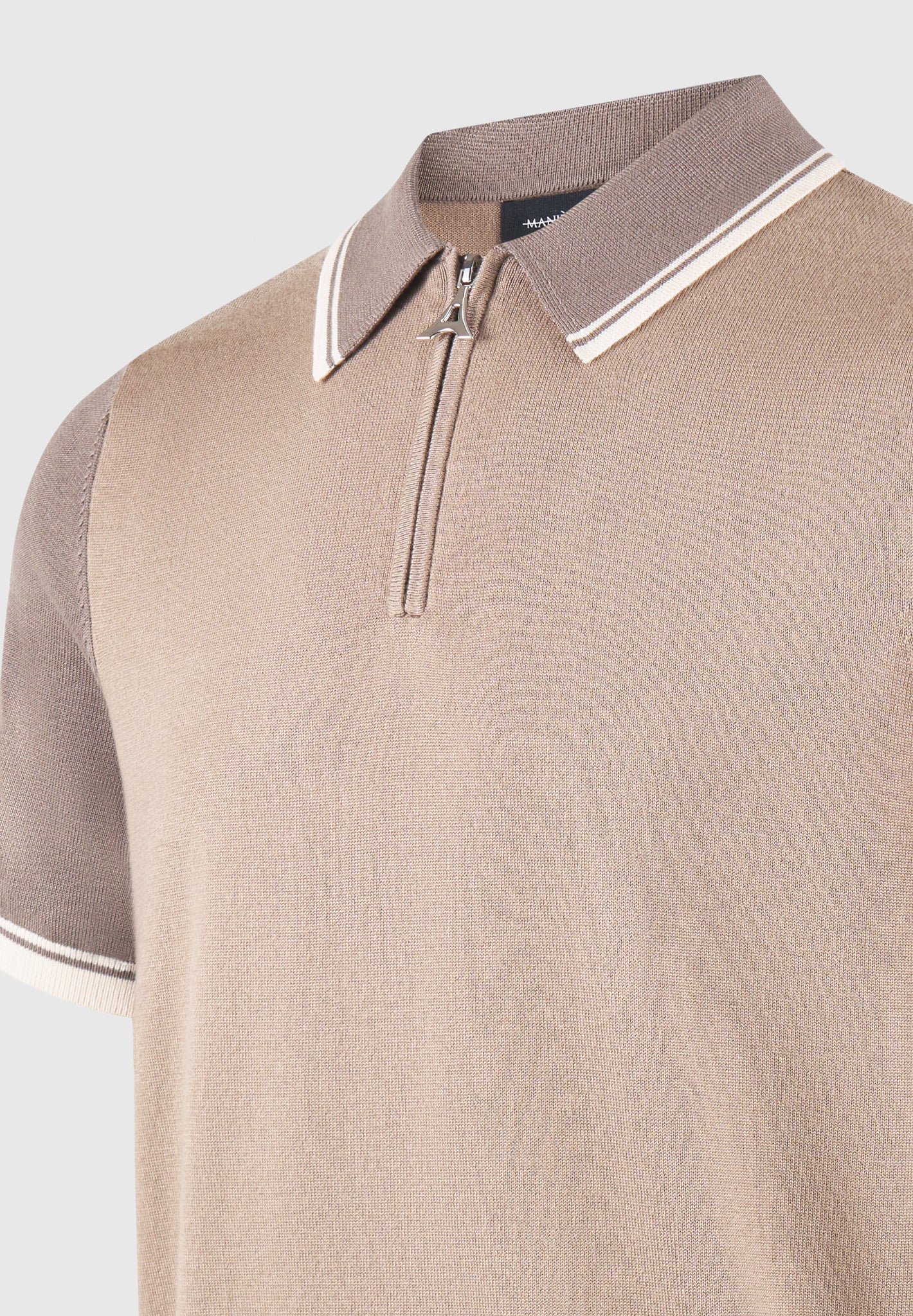 Colour Block Zip Polo Shirt - Taupe - Image 5