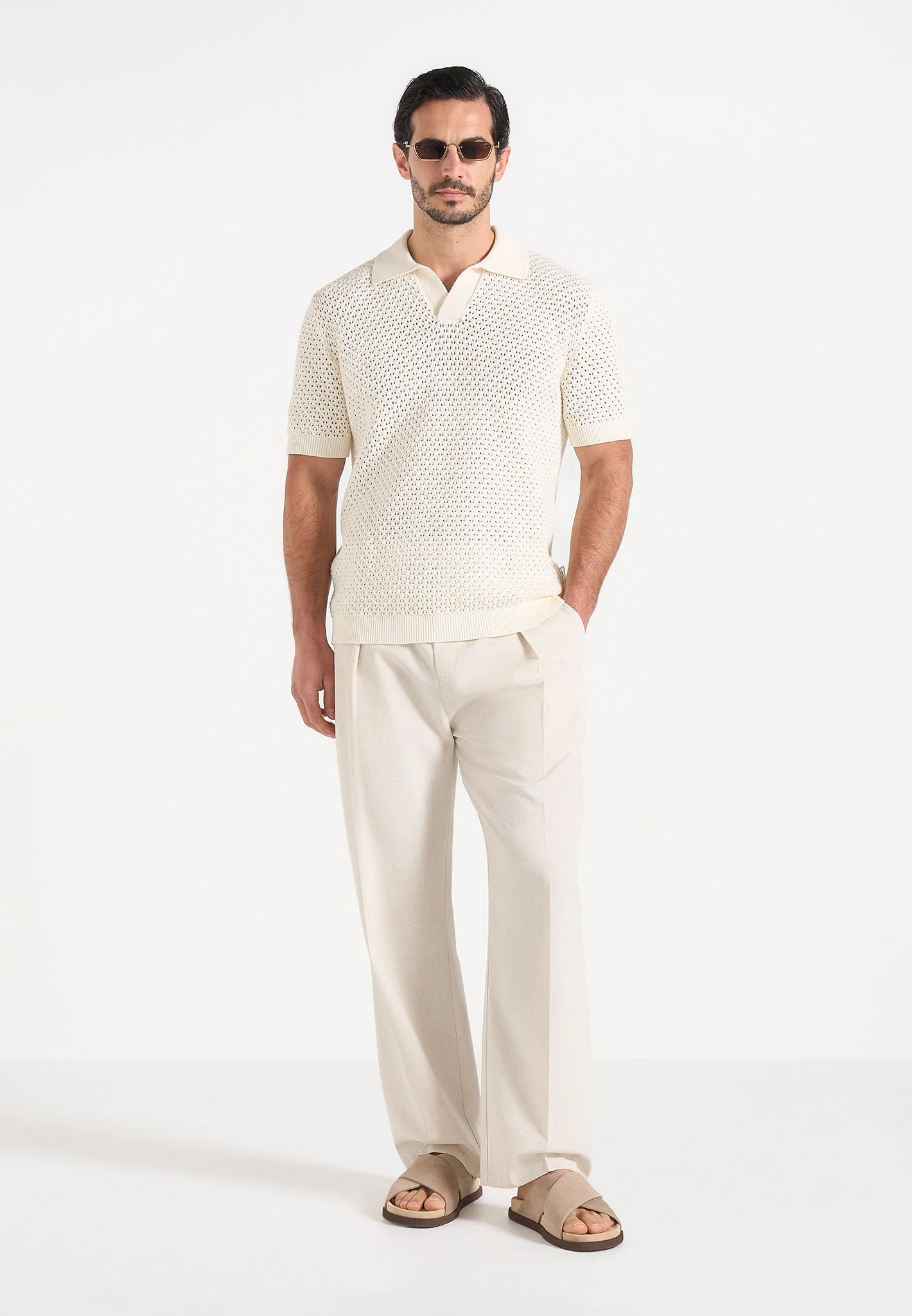 Conrad - Open Knit Polo Shirt - Cream - Image 2