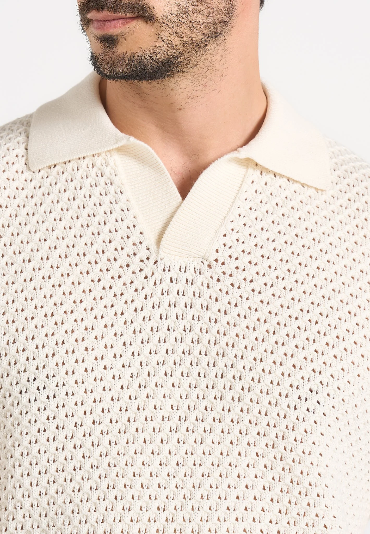 Conrad - Open Knit Polo Shirt - Cream - Image 3